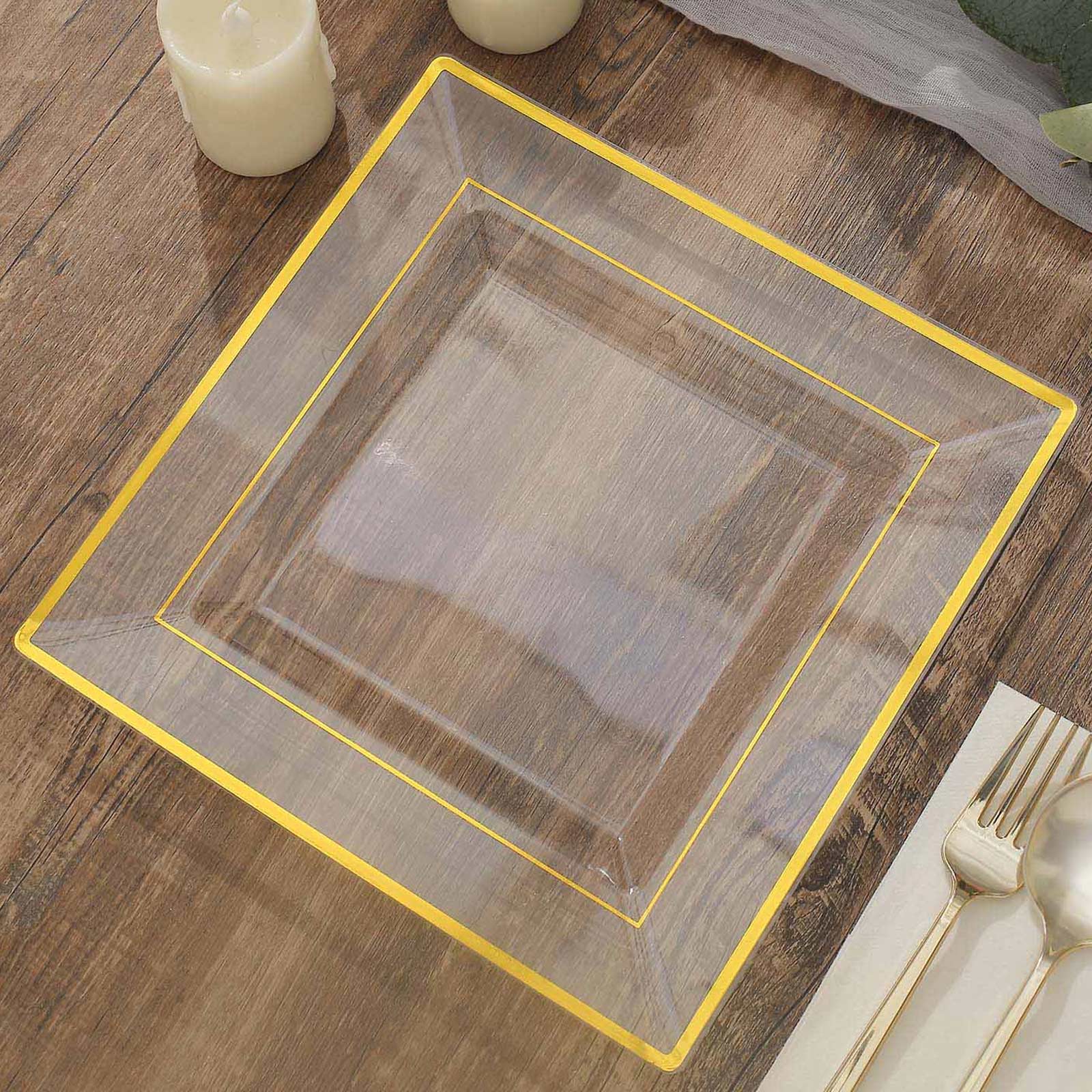 10-Pack Gold Trim Clear Square Plastic Disposable Dinner Plates for Parties