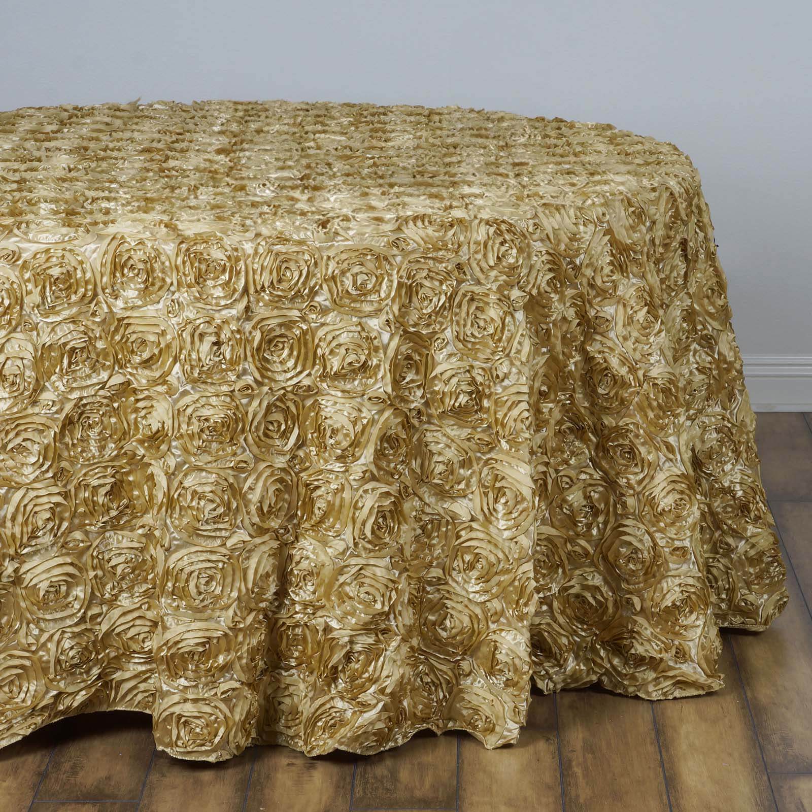 Hot Sale! Champagne Satin 132-Inch Round Tablecloth with Seamless 3D Rosette Design