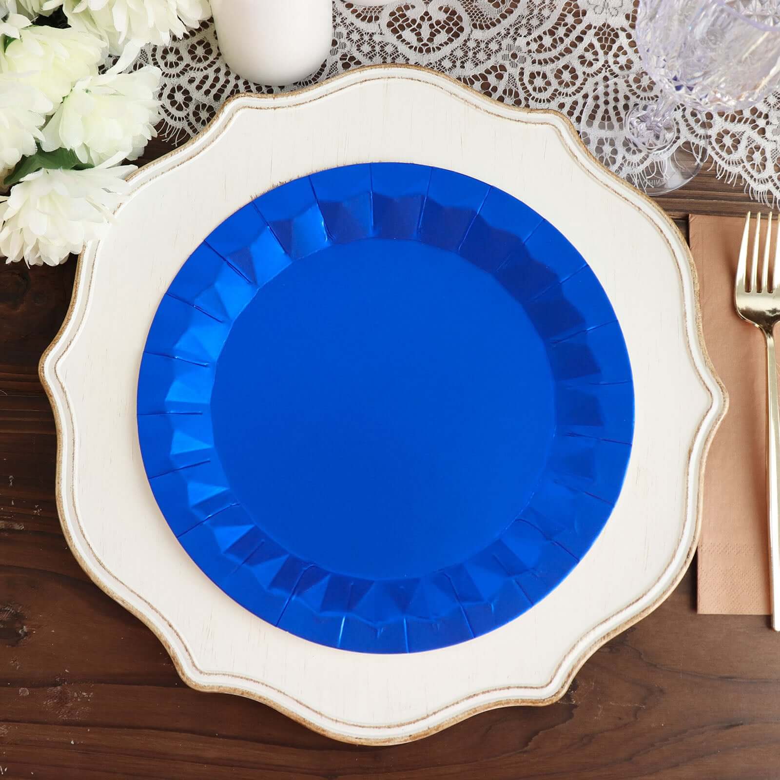 Hot Deal! 25-Piece Set of Disposable 400GSM Royal Blue Round Dinner Paper Plates with Geometric Prism Rim