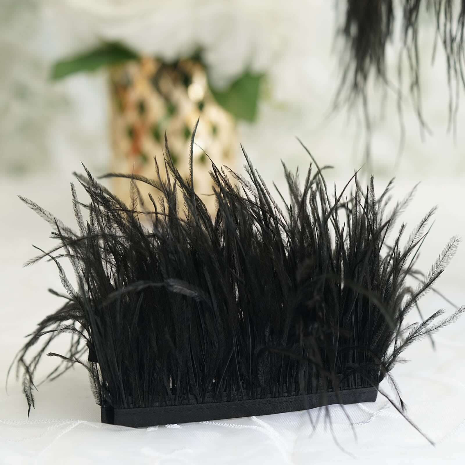 39" Black Real Ostrich Feather Fringe Trim with Satin Ribbon - Ideal for Decor