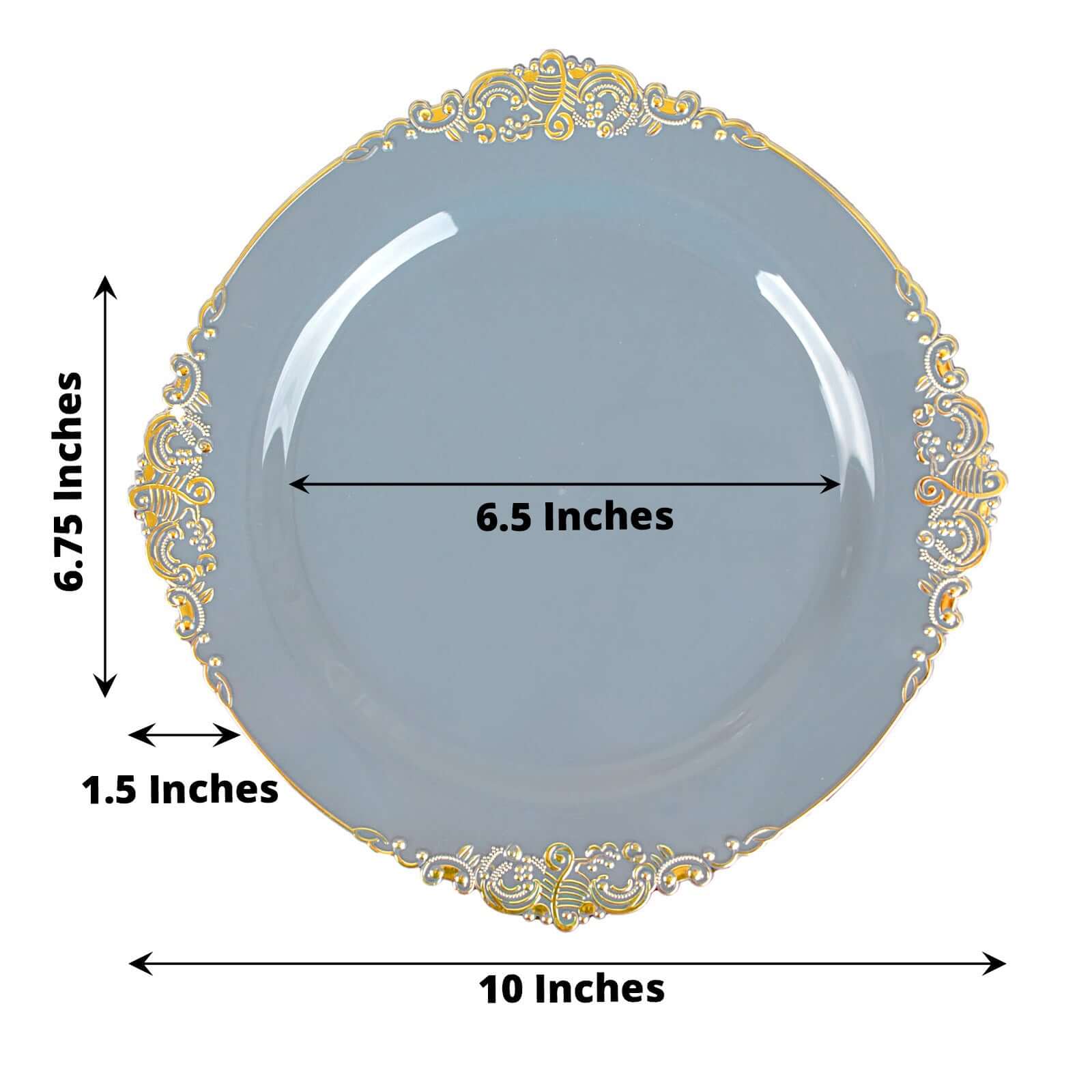 10-Pack Disposable Vintage Baroque Round Dinner Plates in Dusty Blue with Gold Leaf Rim - Great Value!