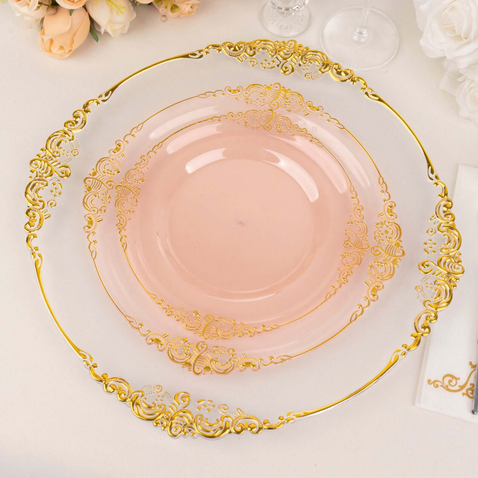 10-Pack Disposable 8" Transparent Blush Plastic Dessert Plates with Gold Leaf Embossed Rim - Vintage Baroque Style