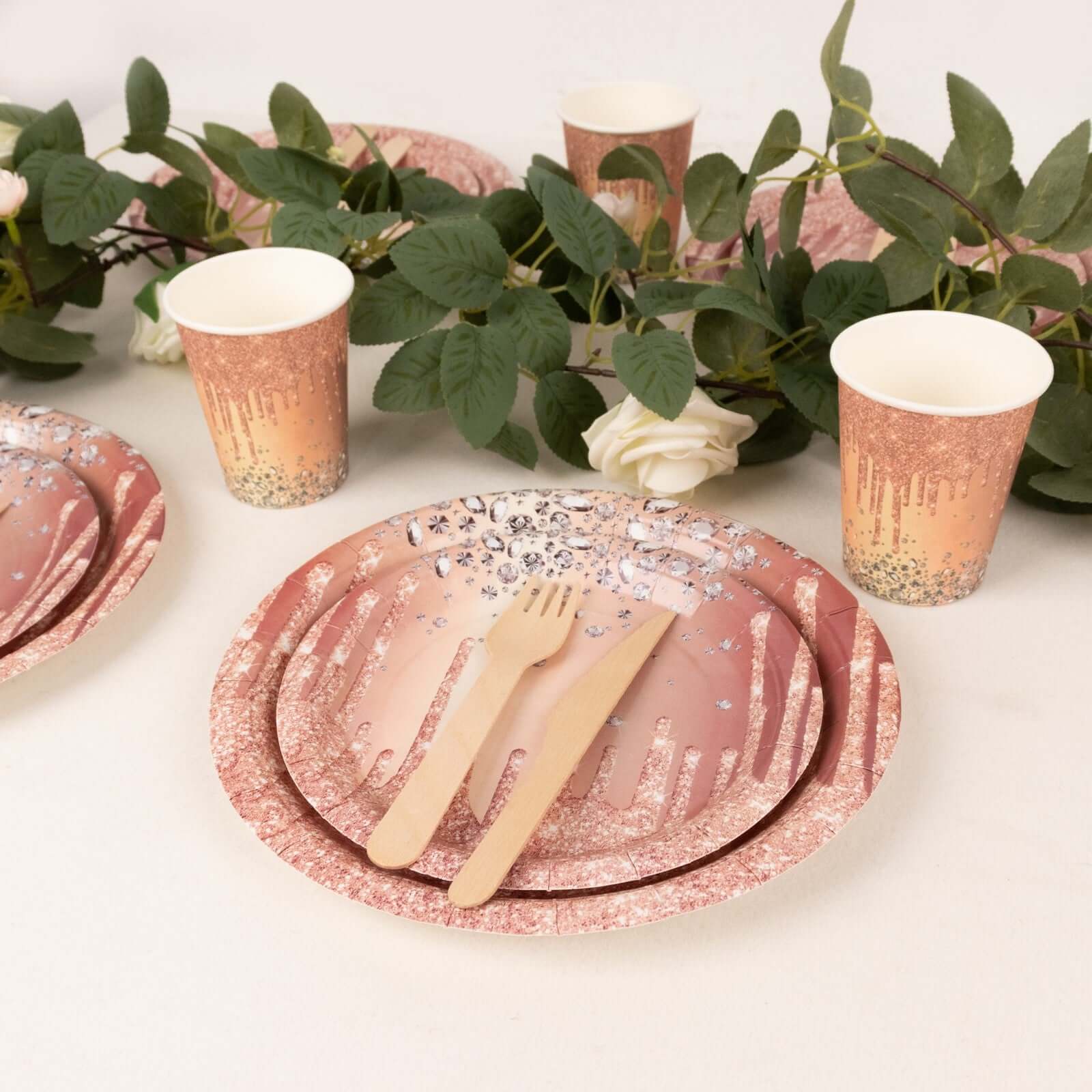Hot Sale! 72-Piece Disposable Paper Dinnerware Set in Rose Gold with Diamond Glitter Drip Pattern