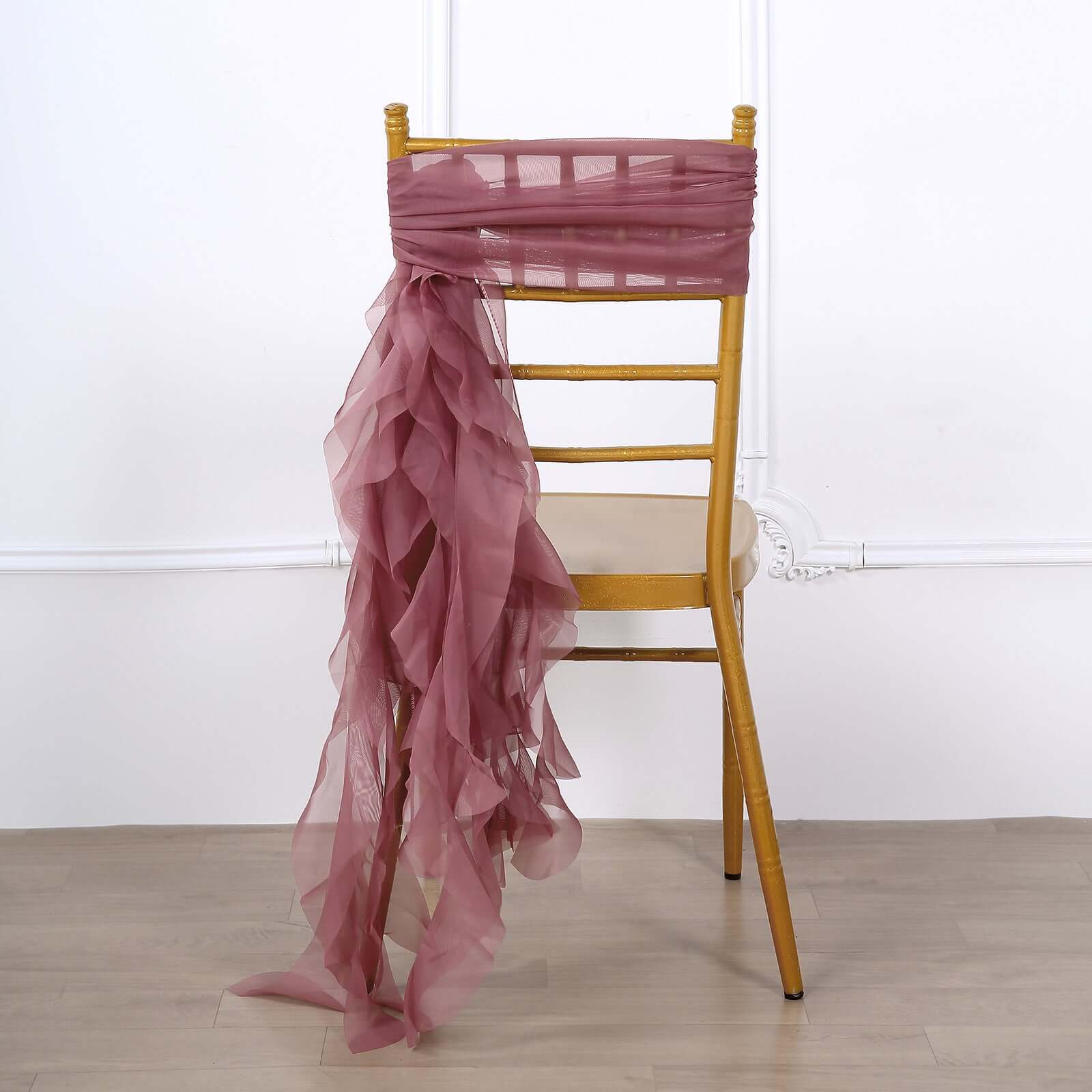 Stylish Mauve Cinnamon Rose Chiffon Chair Sashes Set with Willow Ruffles Design