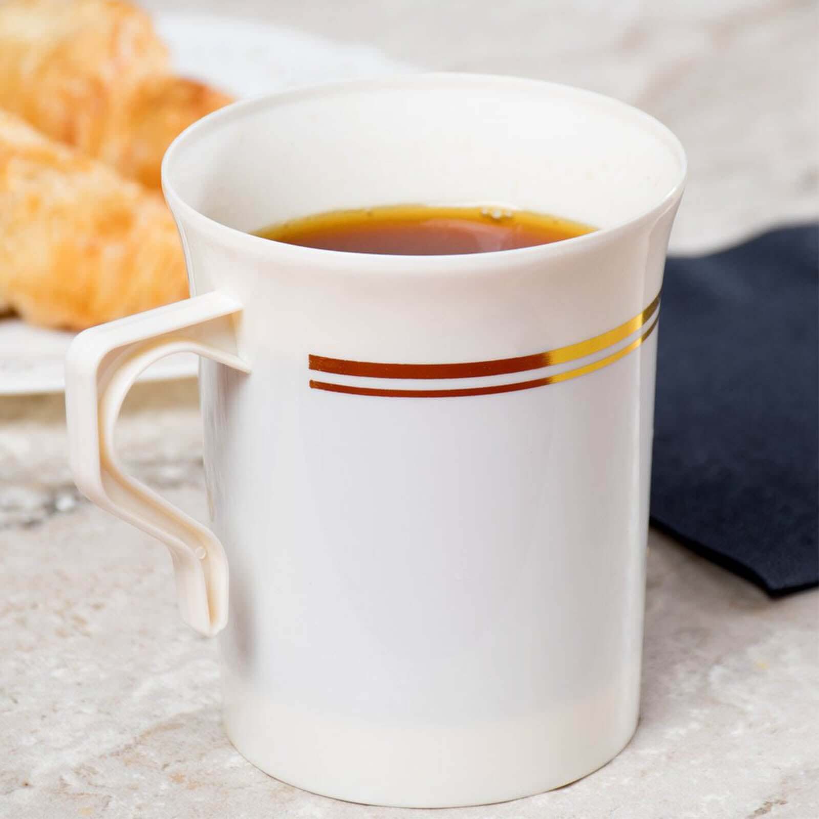 8-Piece Set of Disposable White Plastic Coffee Mugs with Gold Stripes - 8oz Sturdy Cups for Coffee & Tea