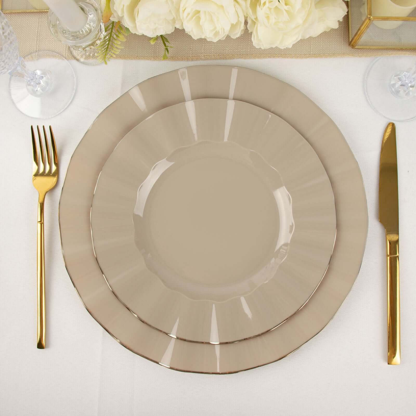 Hot Deal! 10-Pack 9" Taupe Plastic Round Dinner Plates with Gold Ruffled Edges - Sturdy Disposable