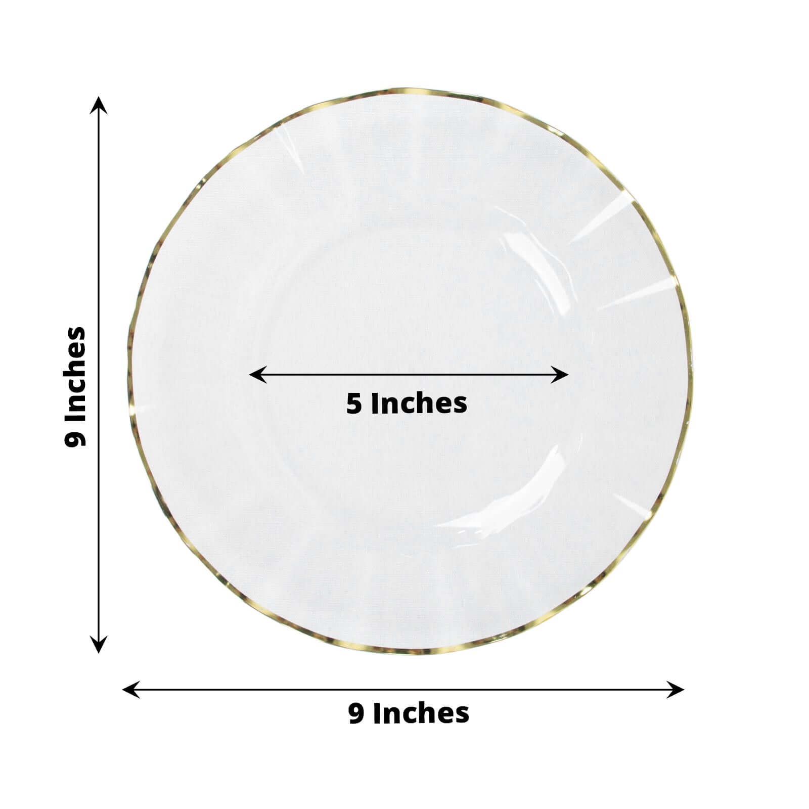 10-Piece Set of Sturdy Disposable Plastic Round Dinner Plates with Clear Ruffled Rim and Gold Edging