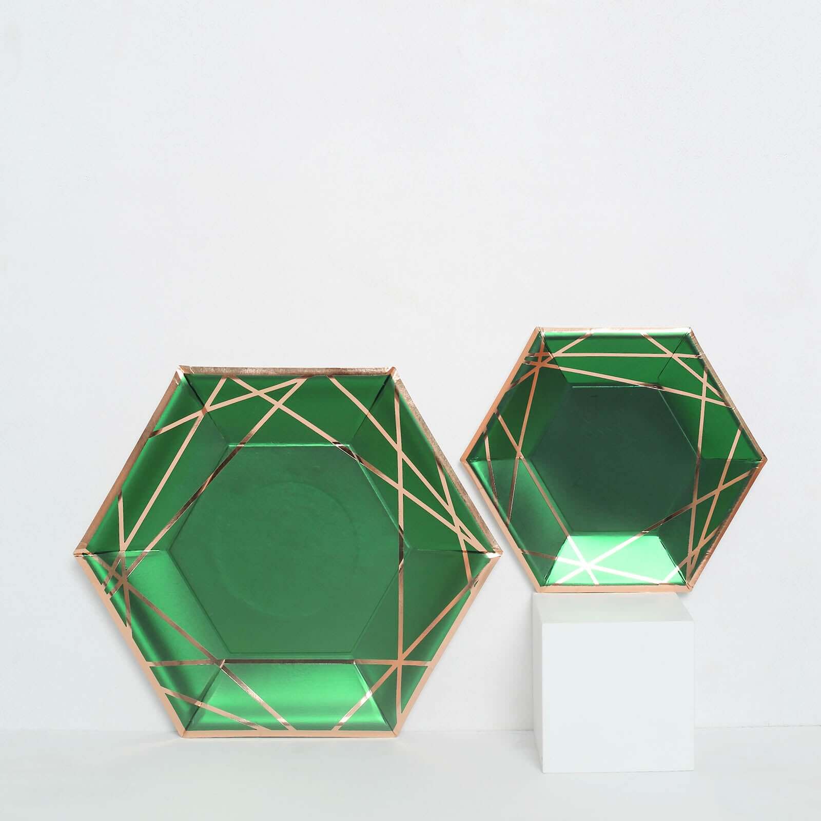 25-Piece Set of Hunter Emerald Green Paper Hexagon Dinner Plates with Gold Geometric Rim