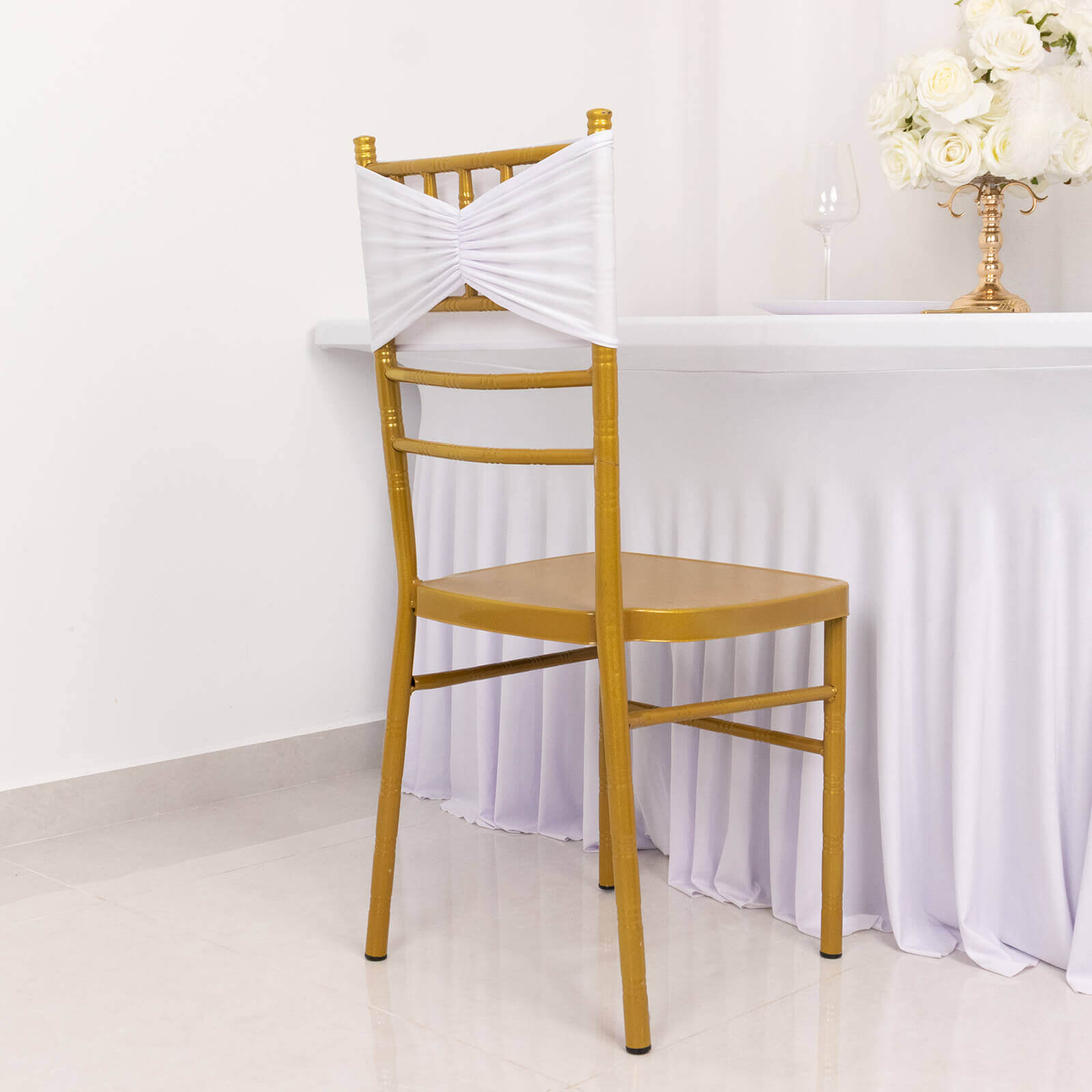 5-Pack White Ruffled Spandex Chair Sashes - Wide Stretch Bands for Elegant Weddings and Events