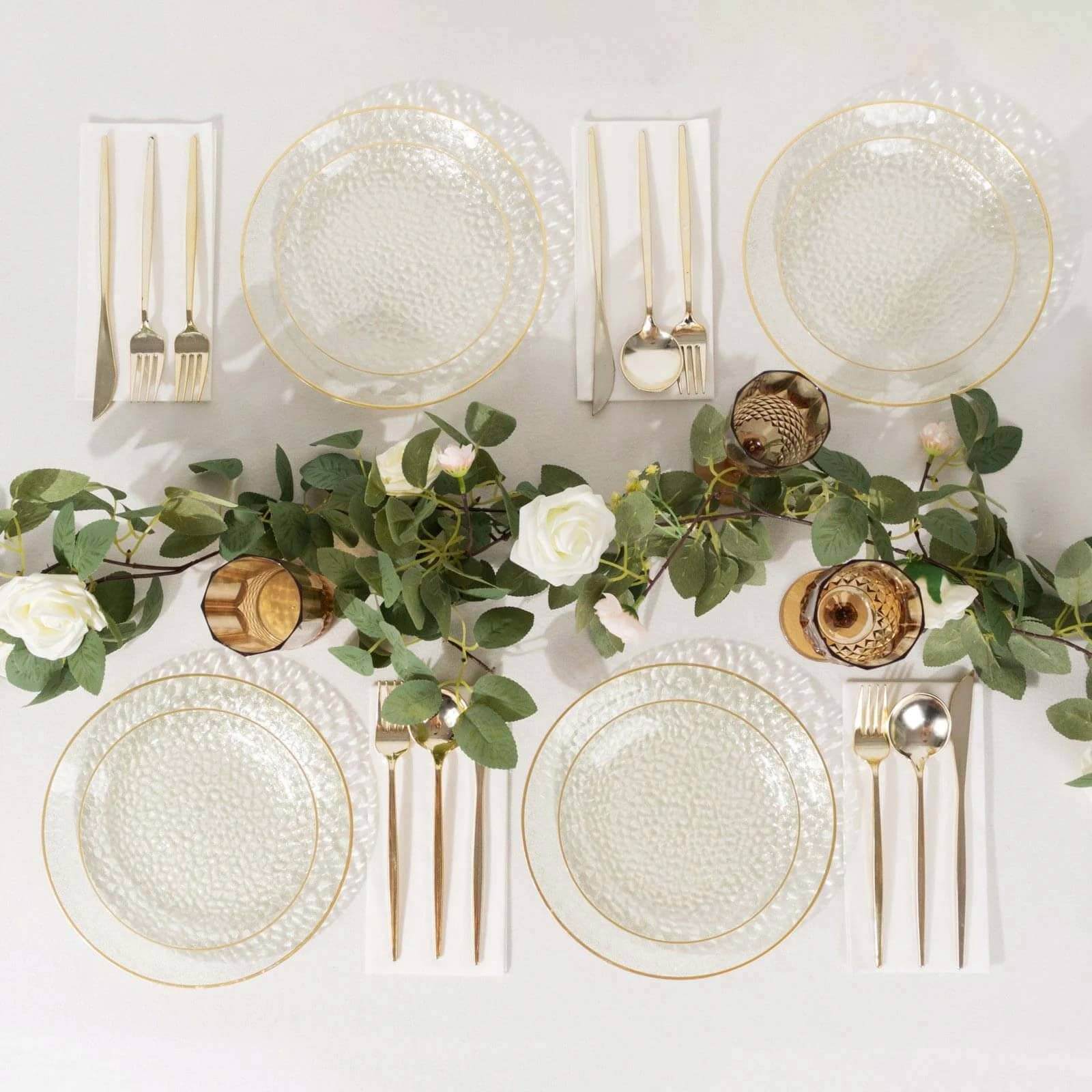 10-Pack Clear Plastic Dessert Plates with Gold Glitter Hammered Design and Rim - Disposable for Events