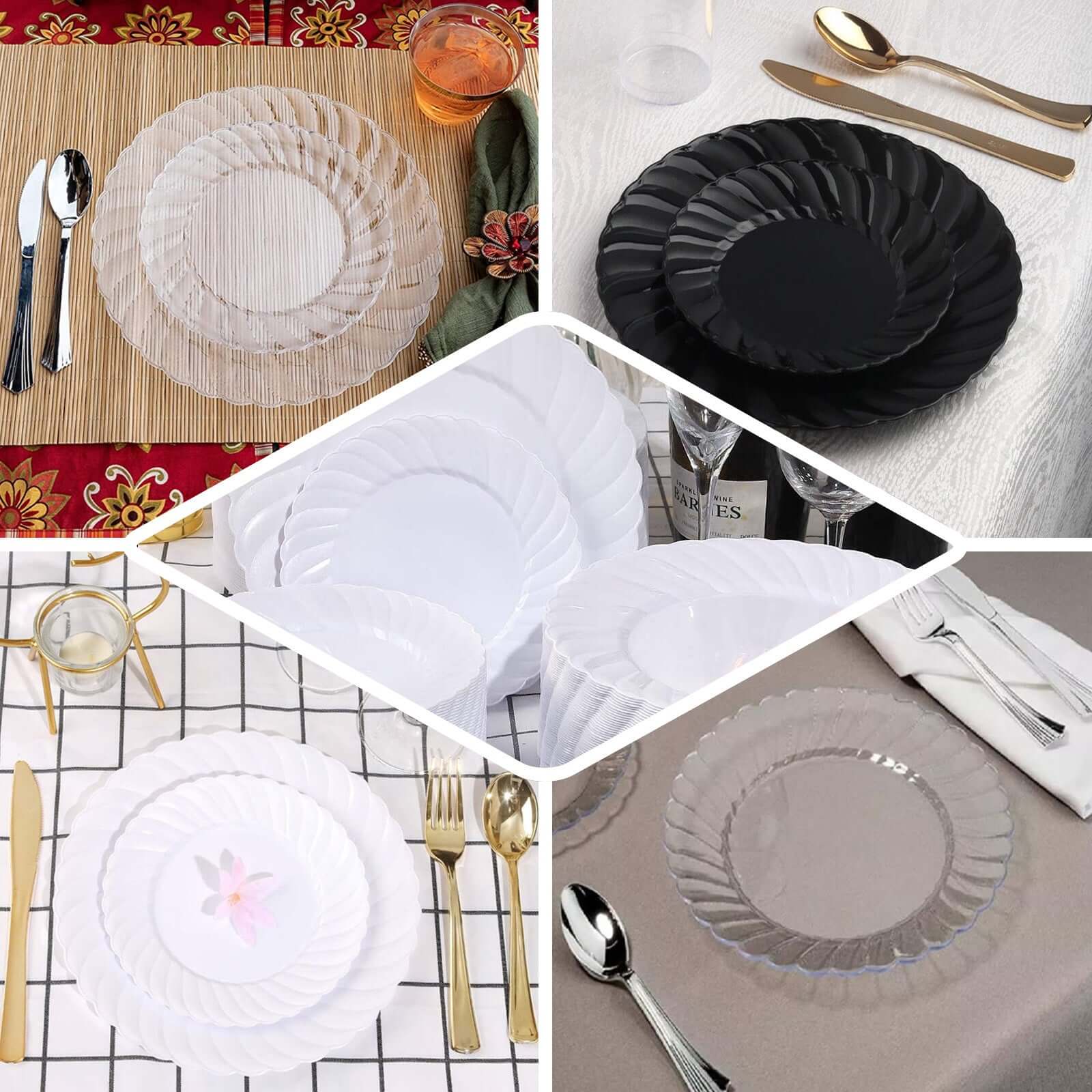 12-Piece Set of Durable Disposable Glossy White Swirl Rim Plastic Dinner Plates, 10 Inches