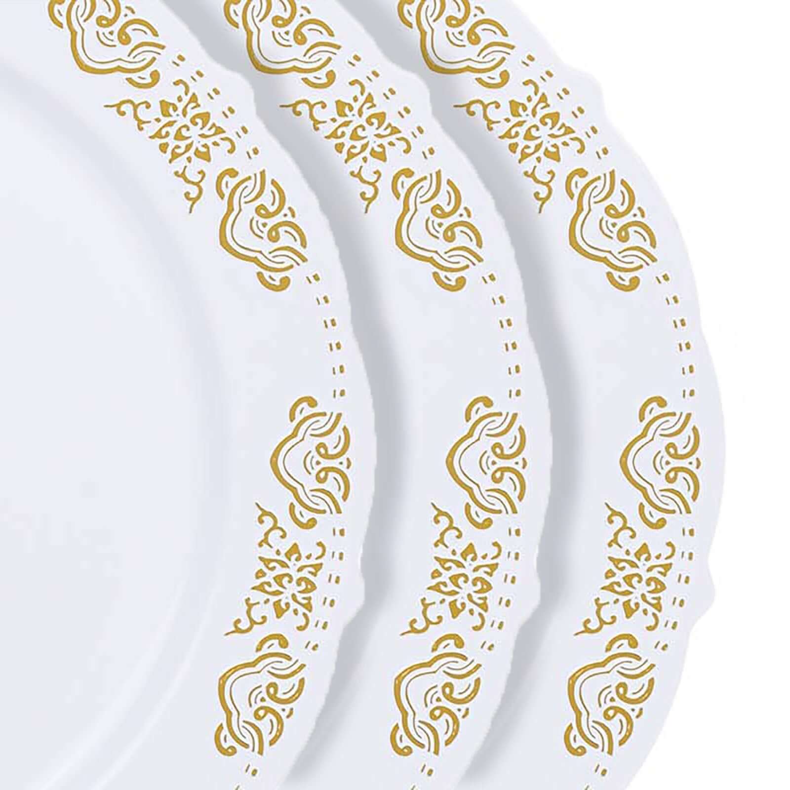 10-Pack White Plastic Round Appetizer Plates with Gold Embossed Scalloped Edge for Special Events