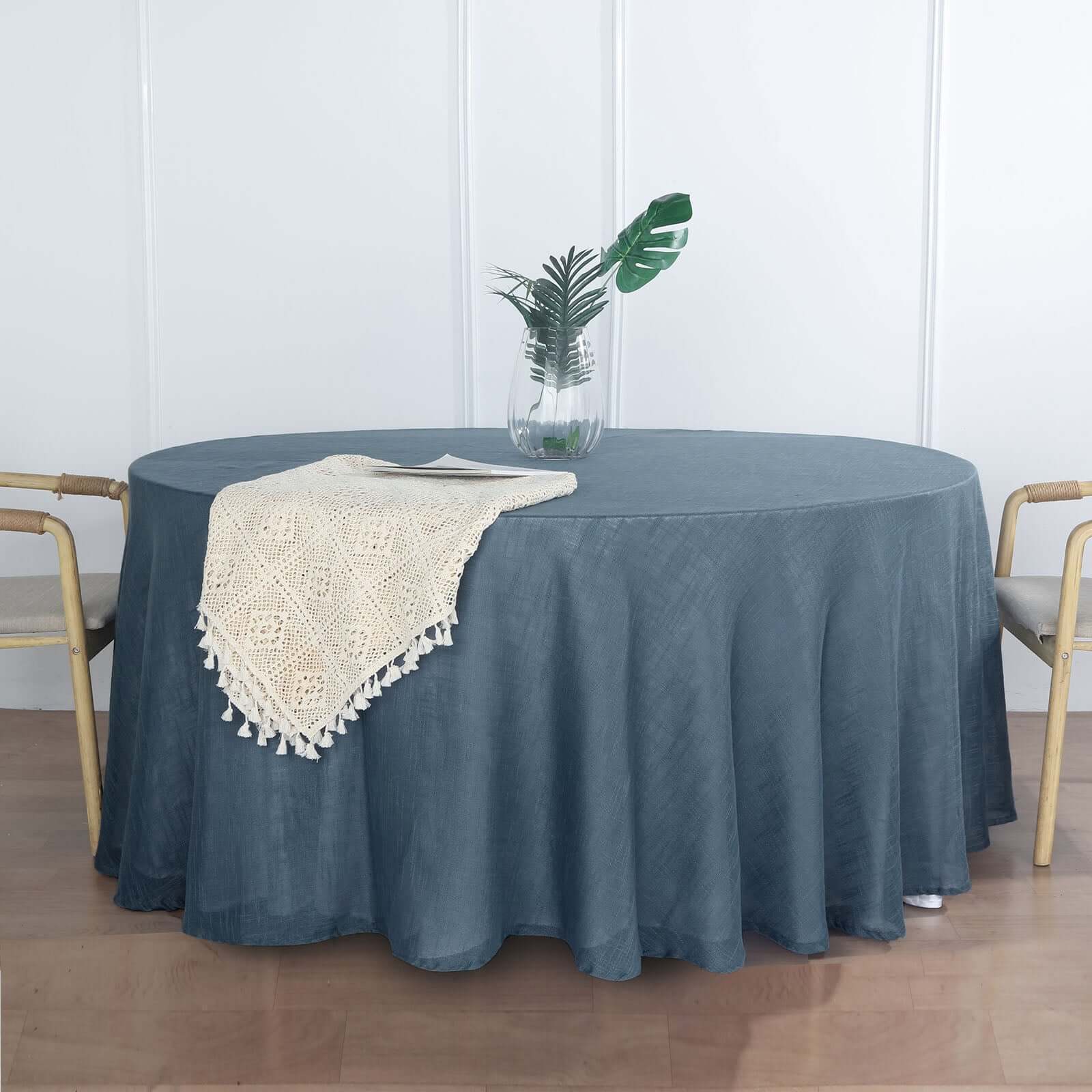 Premium Blue Faux Linen 120' Round Wrinkle-Resistant Tablecloth
