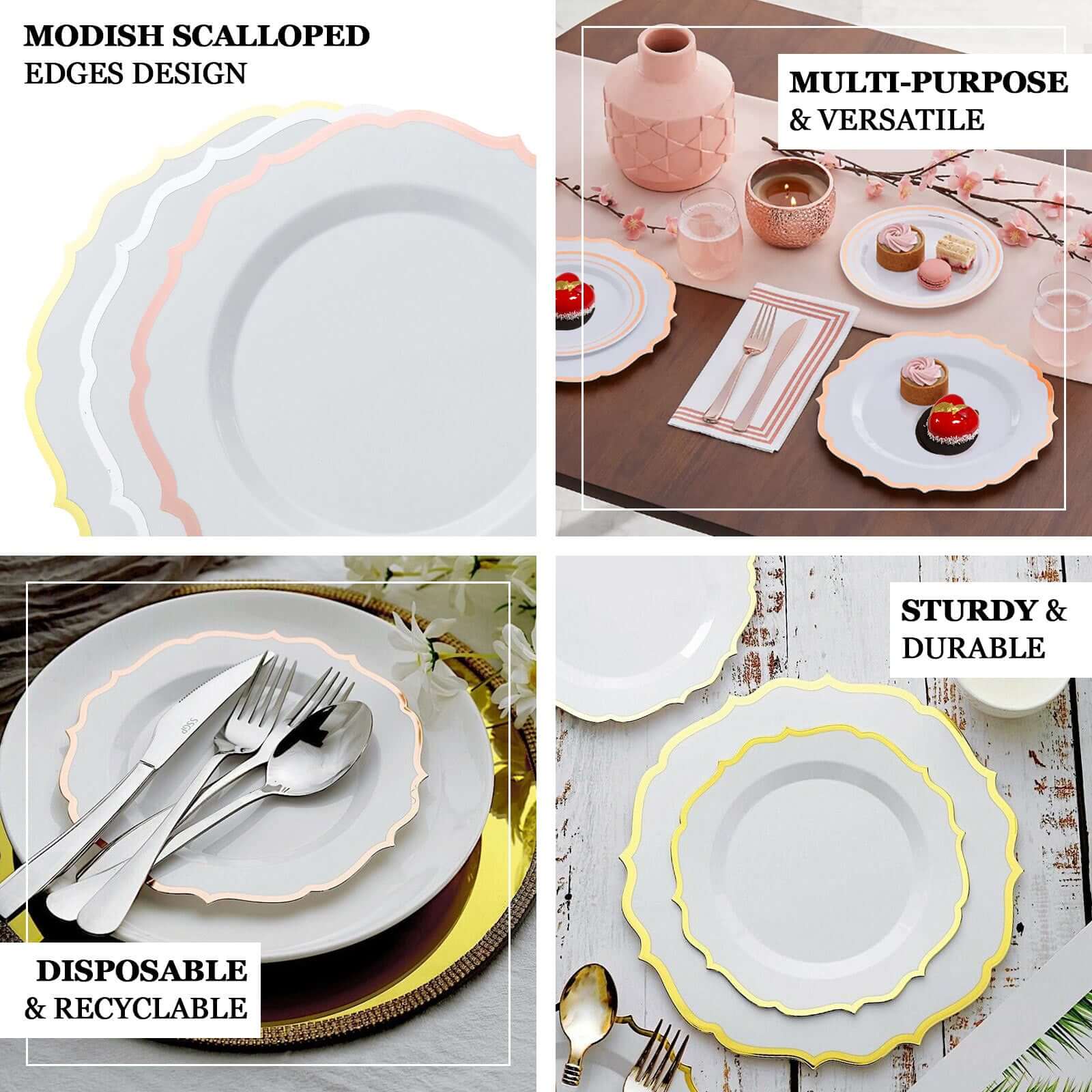 10-Piece Set of Clear Plastic Round Dinner Plates with Gold Scalloped Rims - Disposable for Parties