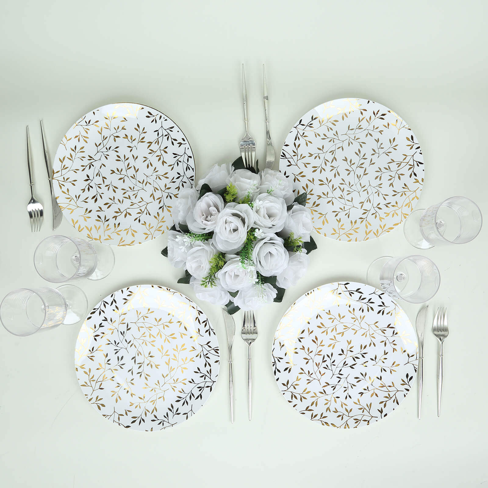 10-Pack Heavy Duty Disposable White Plastic Dinner Plates with Gold Leaf Design - Ideal for Stylish Events