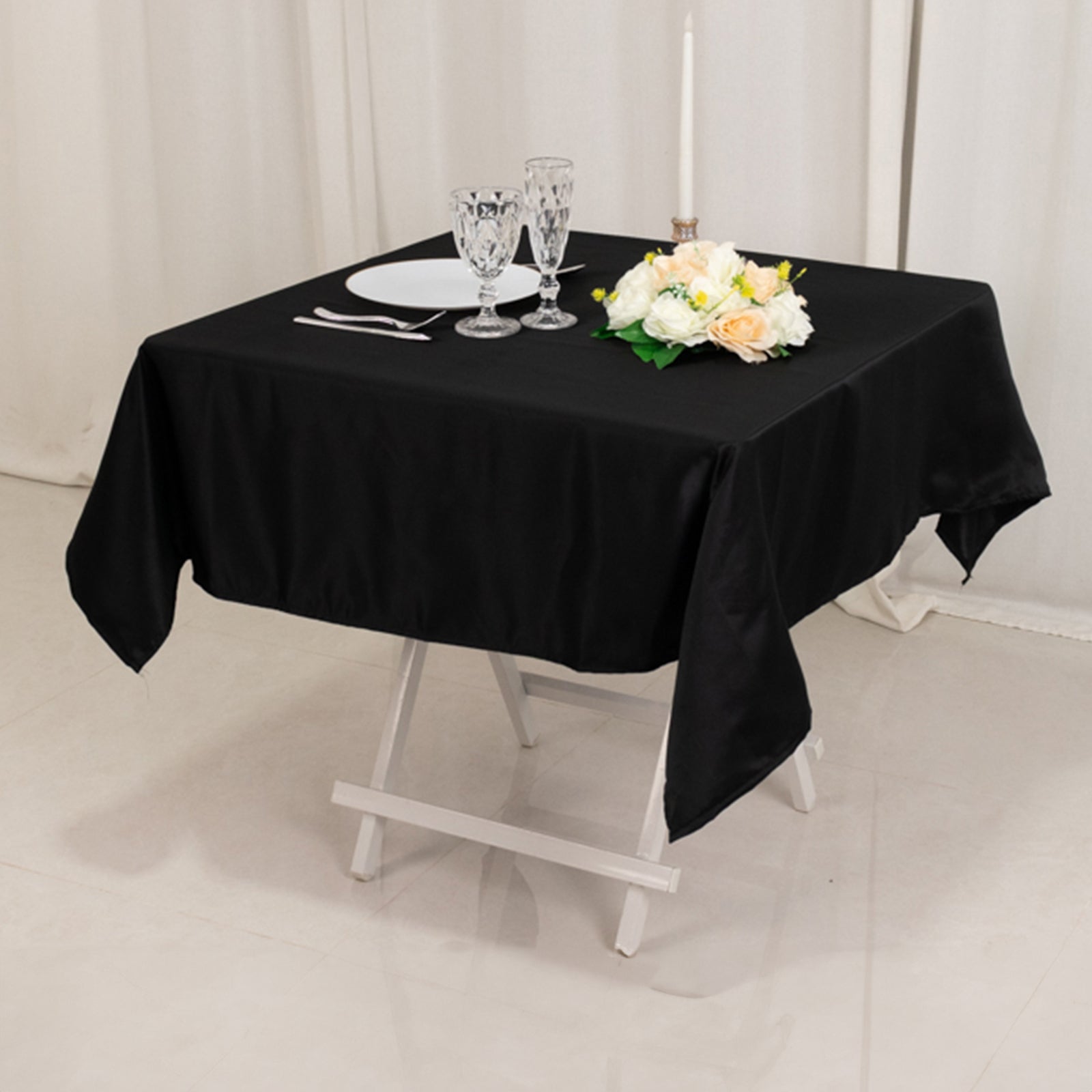 Black Lamour Satin 54x54 Square Table Overlay - Durable & Silk-Like for Weddings & Parties