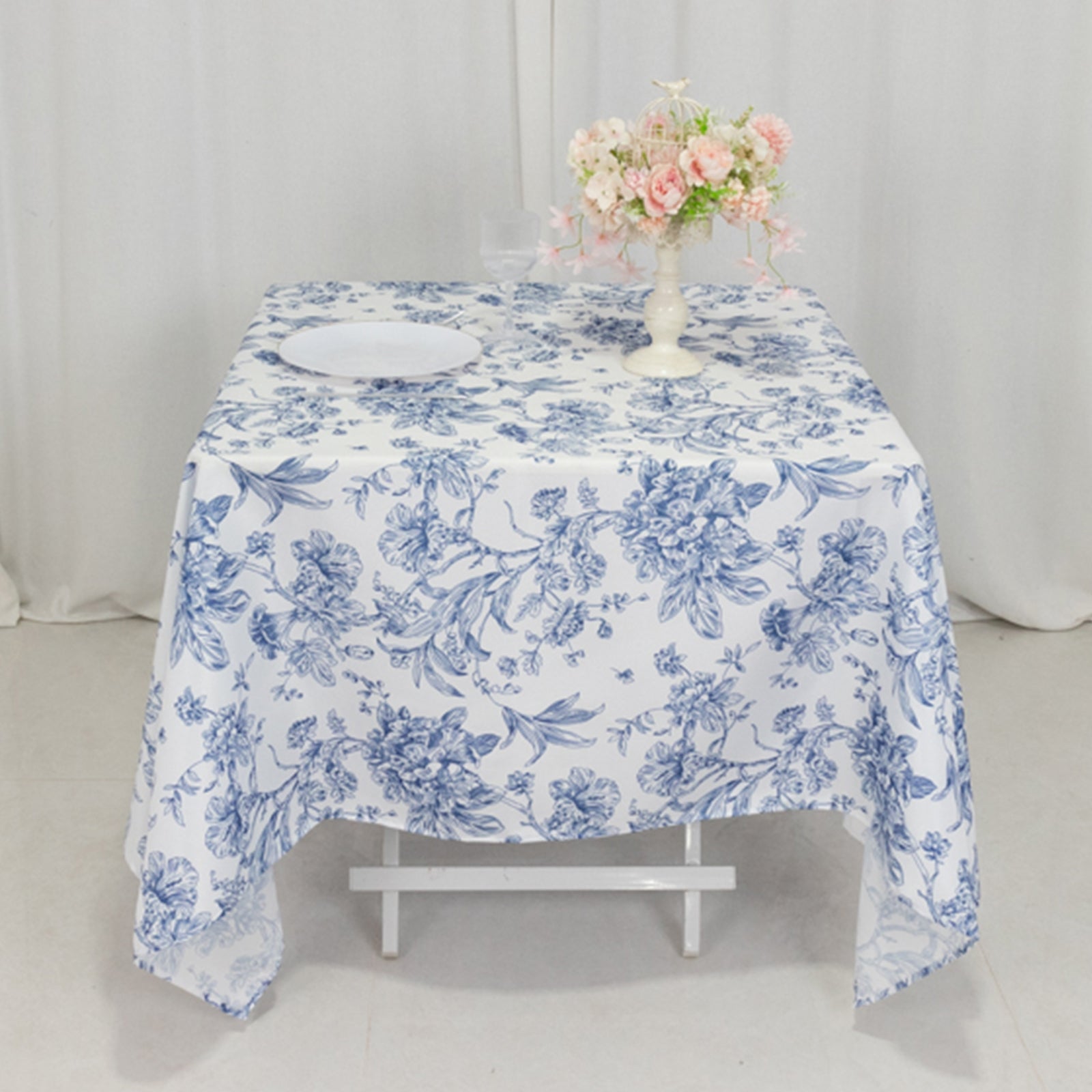 Stylish 70x70 Polyester Table Overlay in White - Blue French Toile Pattern for Events