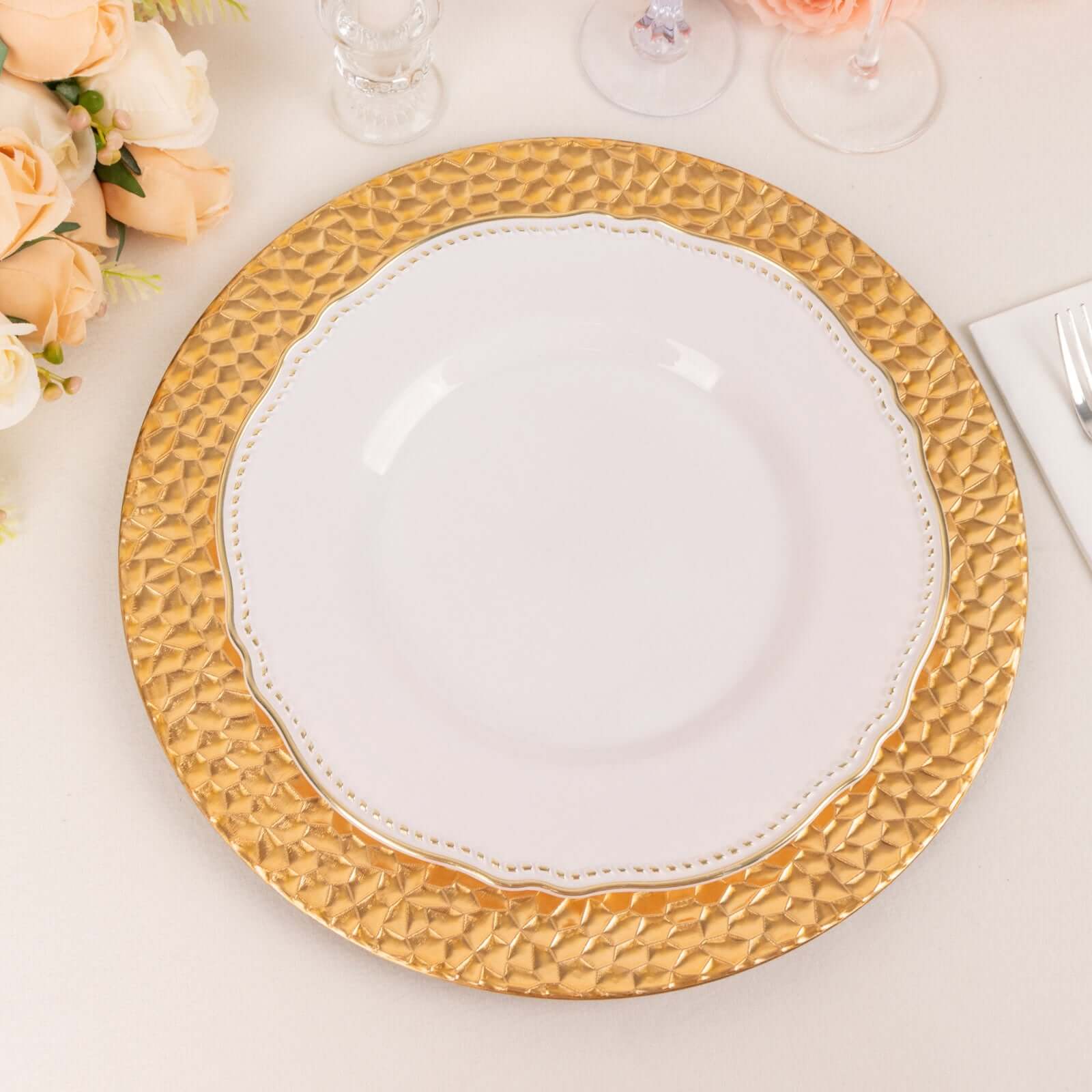 6-Piece Set of 13-Inch Metallic Gold Acrylic Round Charger Plates with Hammered Edge for Dinner Parties