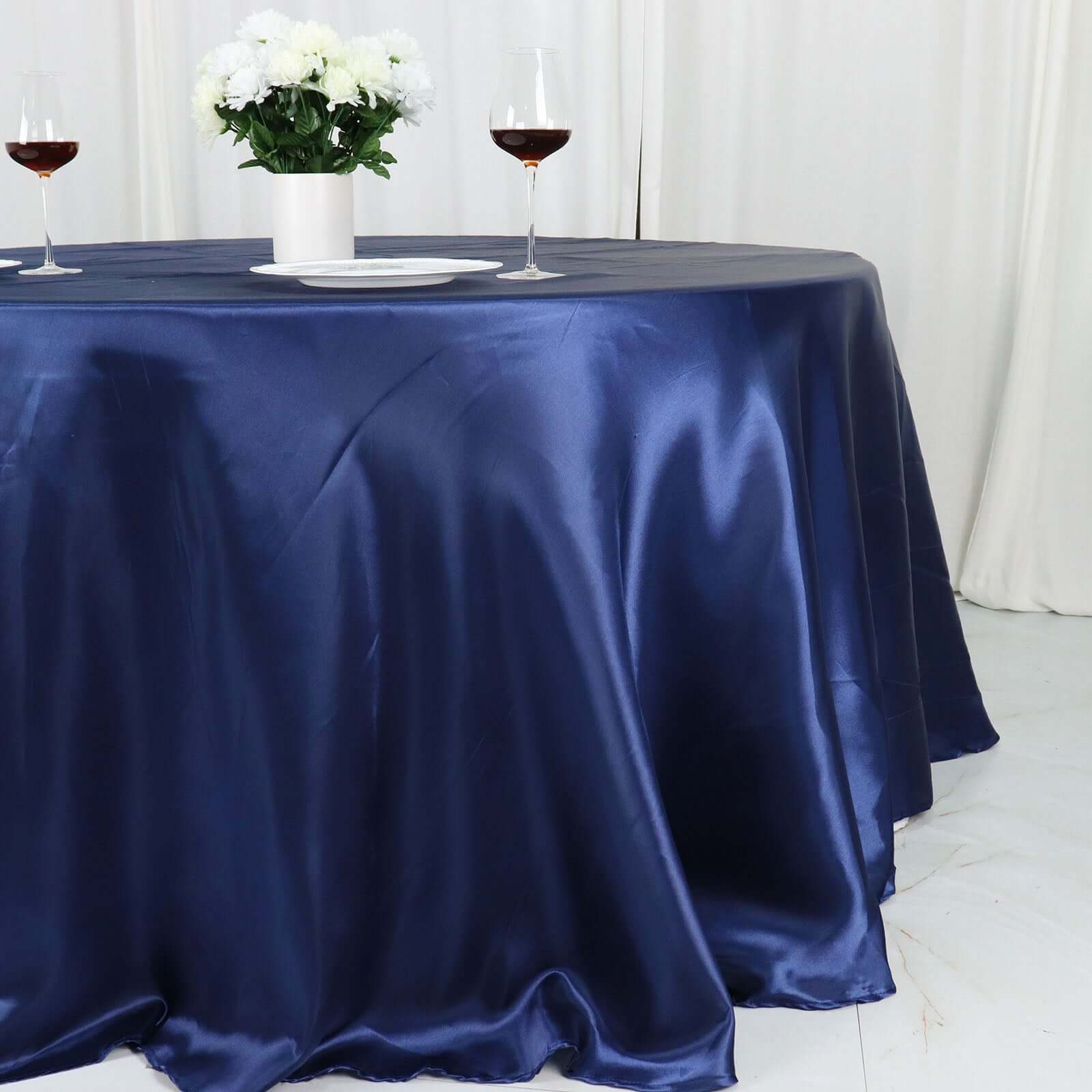 Stylish Navy Blue Satin 132-Inch Round Tablecloth - Ideal for Special Occasions