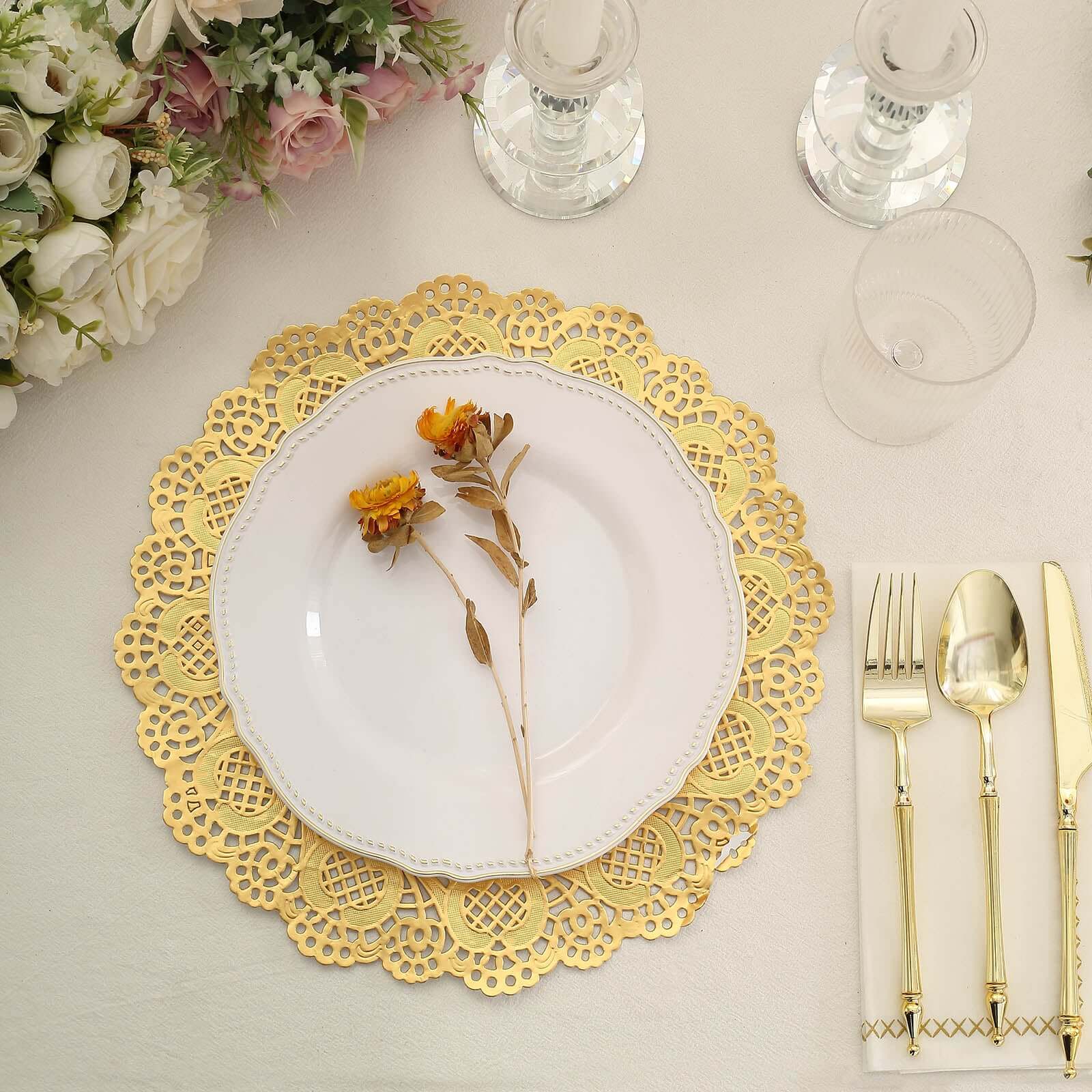Get 50 Pcs of 12-Inch Gold Round Paper Lace Placemats for Dessert Display and Table Decor