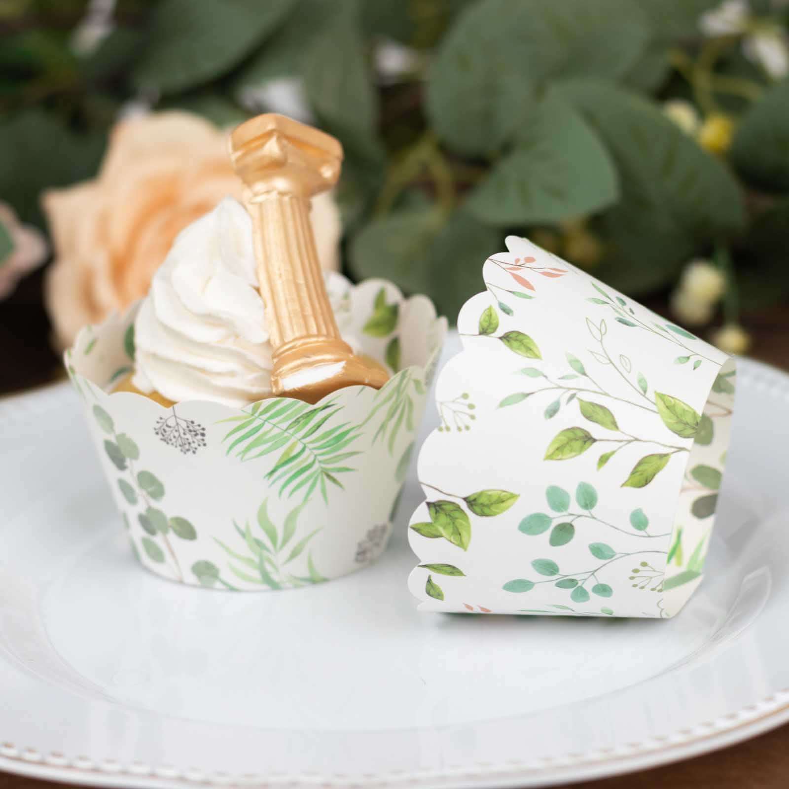 25-Piece Premium Paper Cupcake Wrappers with Eucalyptus Leaves Print in White and Green