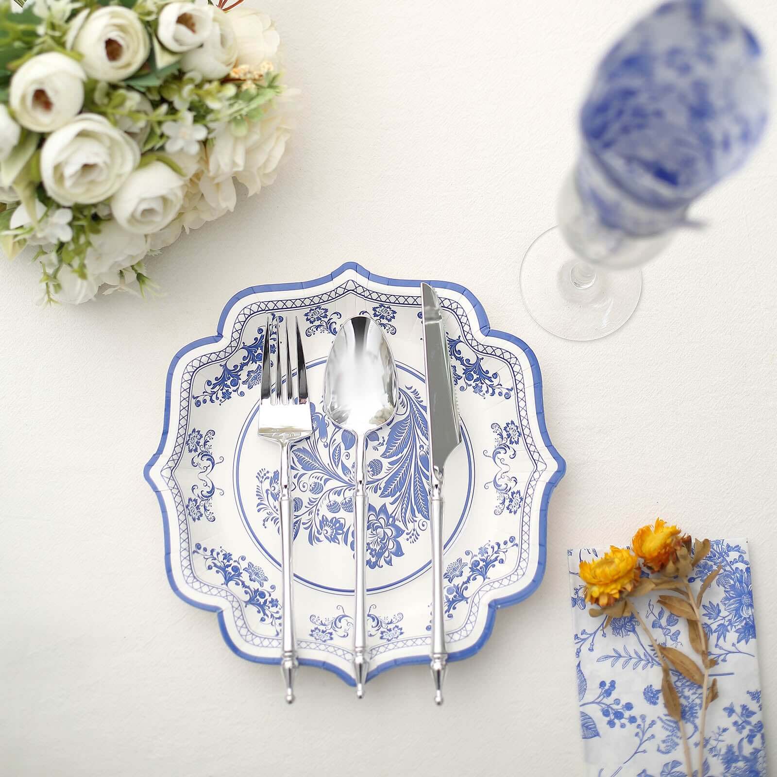 25-Pack Disposable White Paper Salad Plates with Light Blue Damask Floral Print and Scallop Rim
