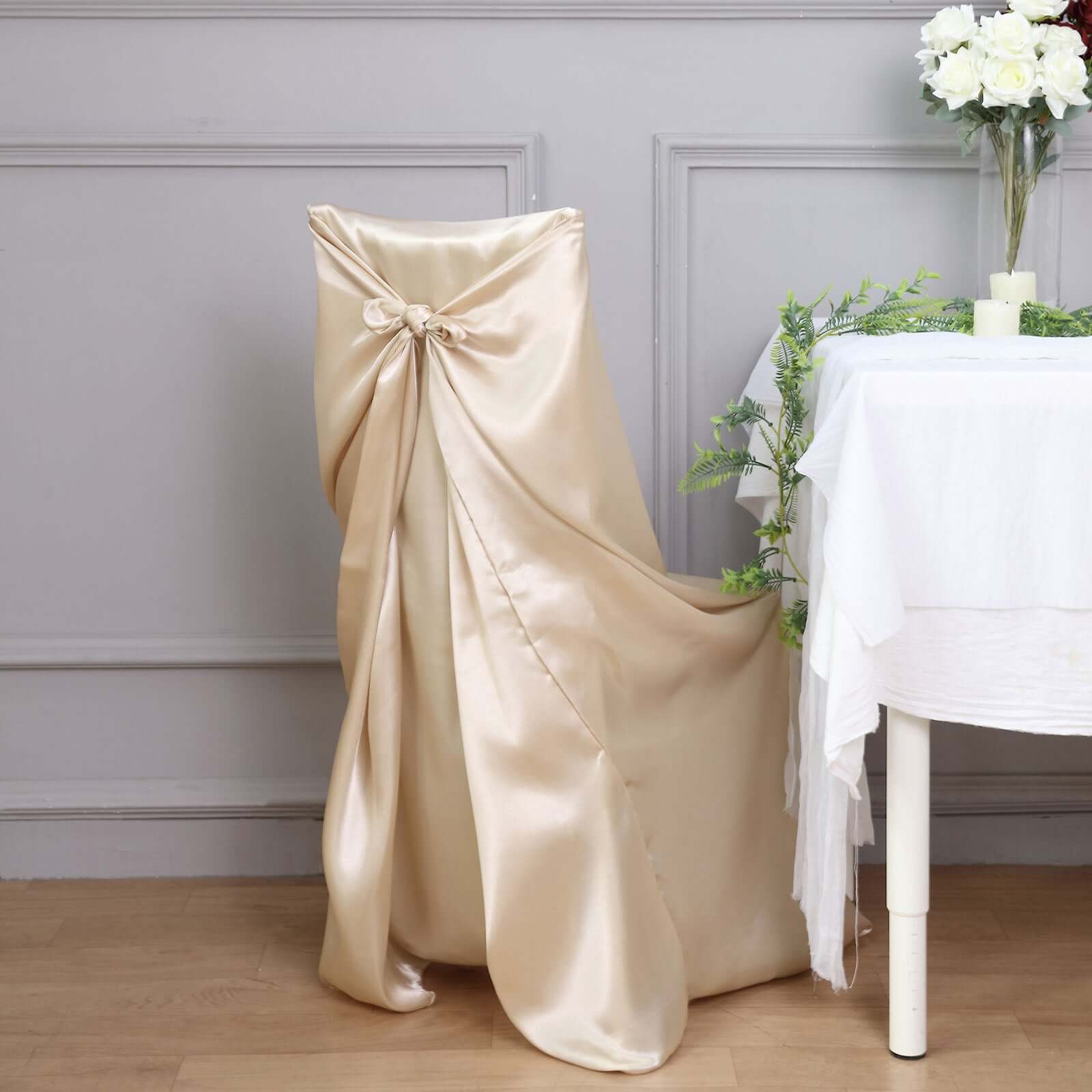 Durable Beige Satin Self-Tie Chair Covers - Universal Design for Folding, Dining & Banquet Chairs