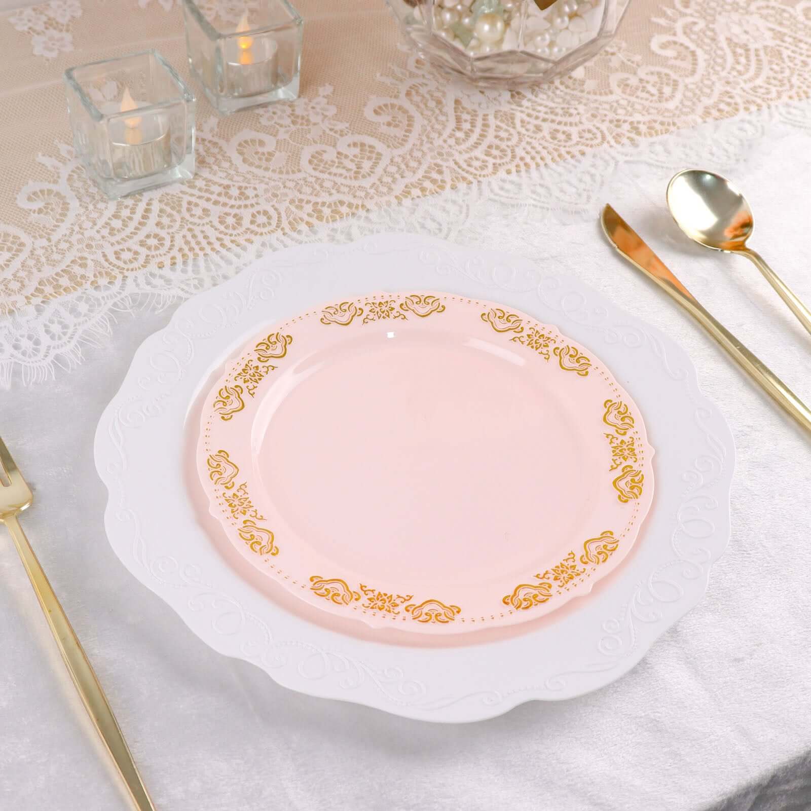 Hot Deal! 10-Pack Disposable Blush Plastic Round Appetizer Plates with Gold Embossed Scalloped Edge for Special Events