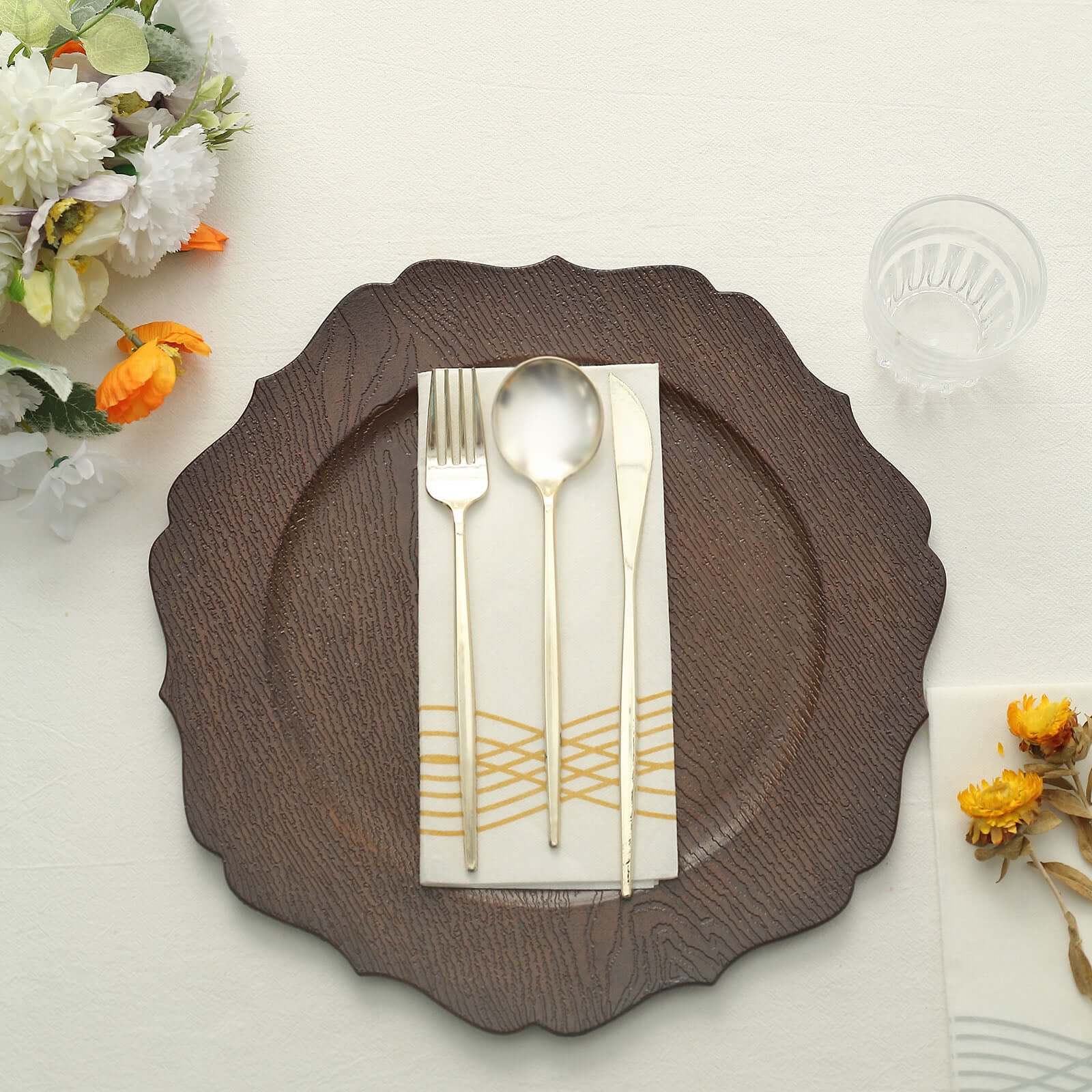 Hot Sale! 6-Pack 13-inch Rustic Brown Acrylic Charger Plates with Wood Grain Scalloped Rim for Dinner Parties