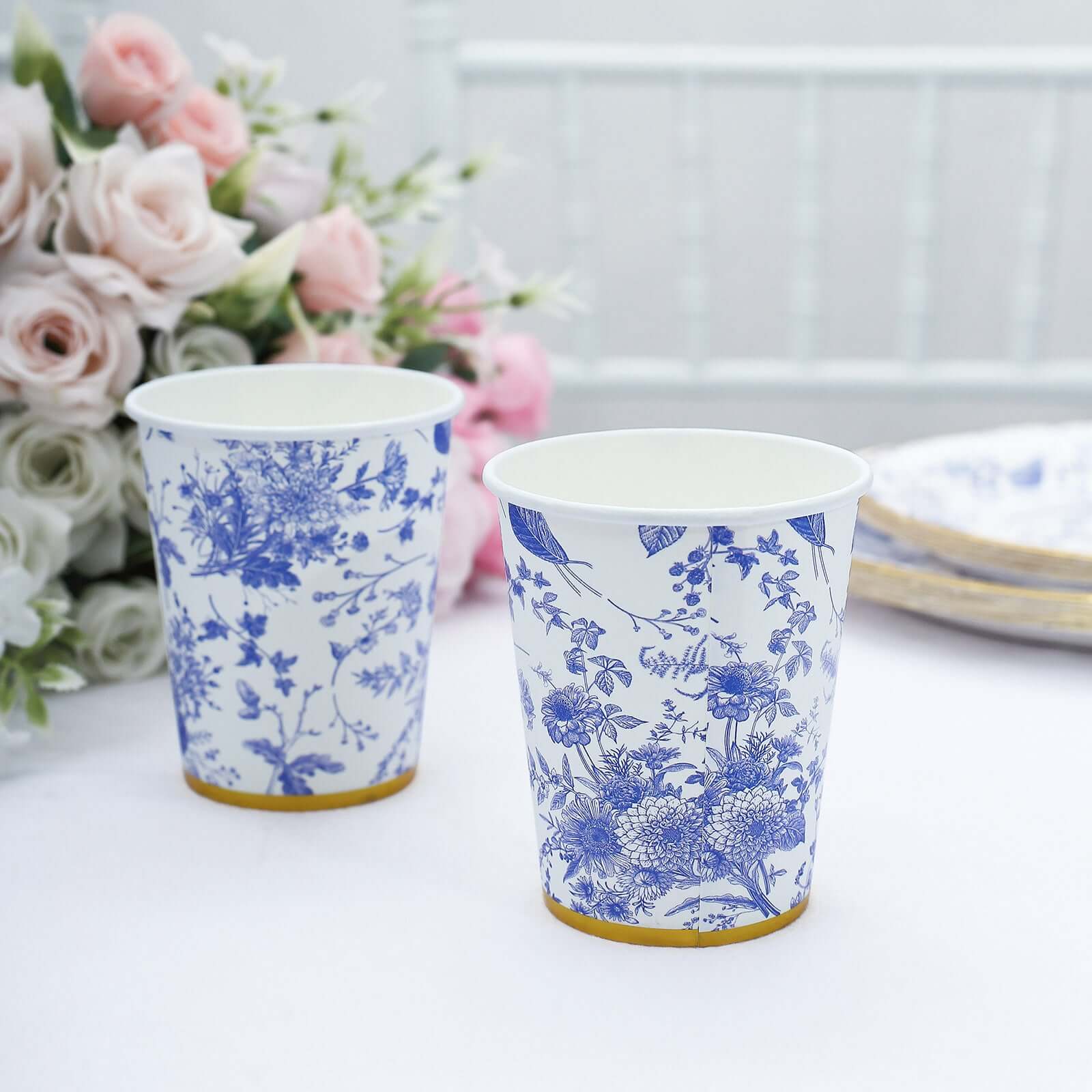 24-Pack 9oz Disposable Paper Party Cups in Elegant French Toile Pattern with Gold Rim