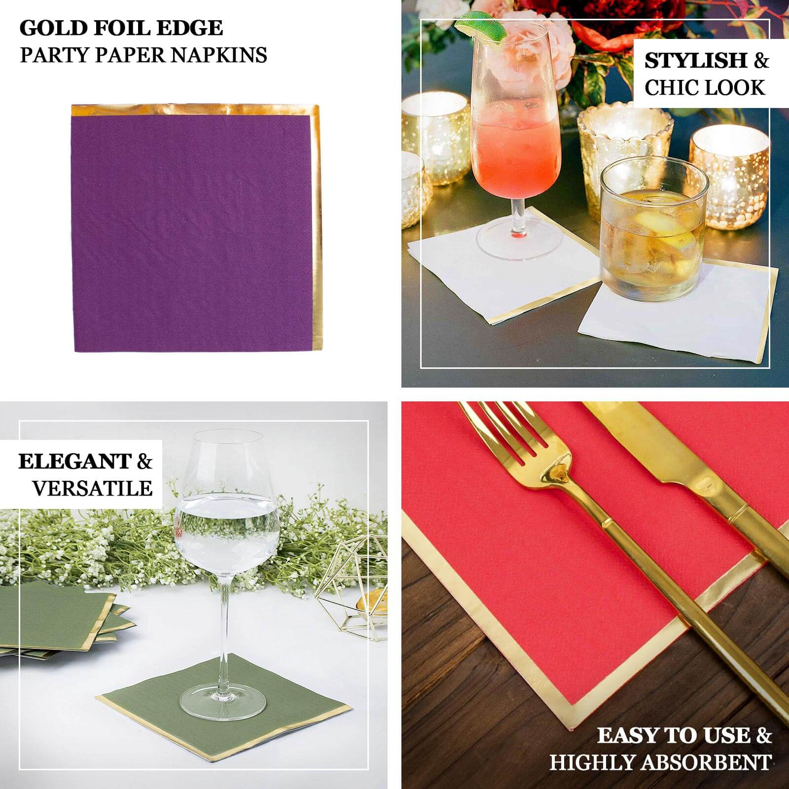 Hot Deal! 50-Pack Disposable 2-Ply Lavender Cocktail Paper Napkins with Gold Foil Edge, 6.5x6.5 for Events