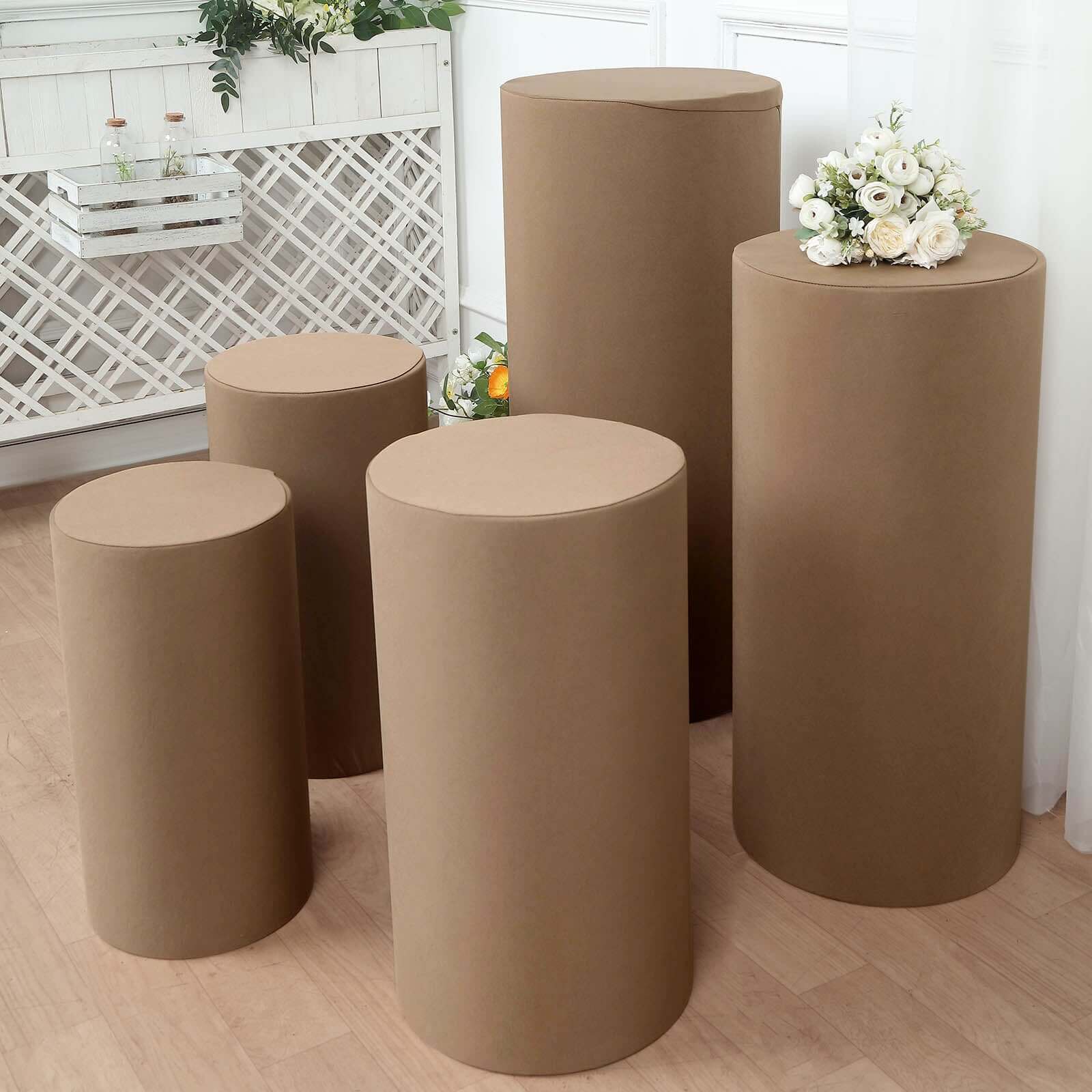 5-Piece Taupe Spandex Cylinder Pedestal Stand Covers - 160 GSM, Stretchable & Snug Fit
