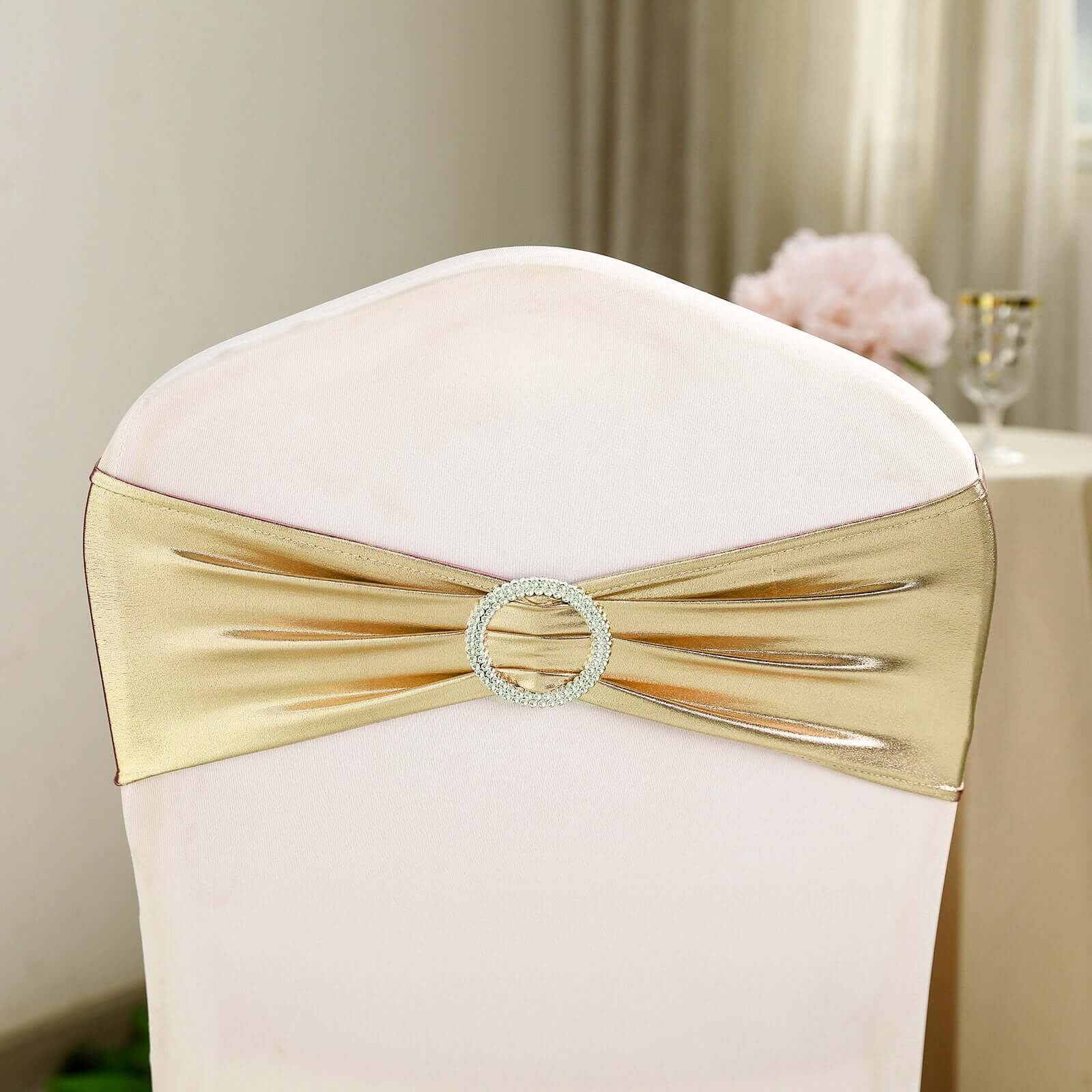 5-Pack Champagne Metallic Spandex Chair Sashes with Round Diamond Buckles - Stretch Fit!