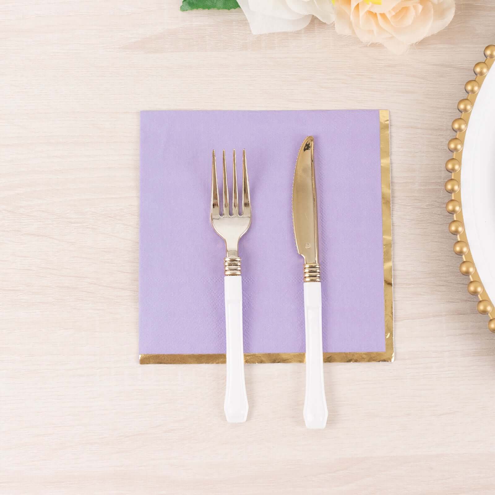Hot Deal! 50-Pack Disposable 2-Ply Lavender Cocktail Paper Napkins with Gold Foil Edge, 6.5x6.5 for Events