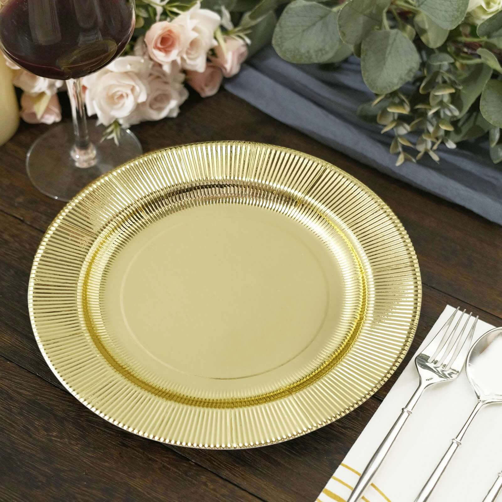 25-Piece Set of Disposable 8-Inch Round Metallic Gold Sunray Design Paper Dessert Plates - Heavy Duty 350GSM