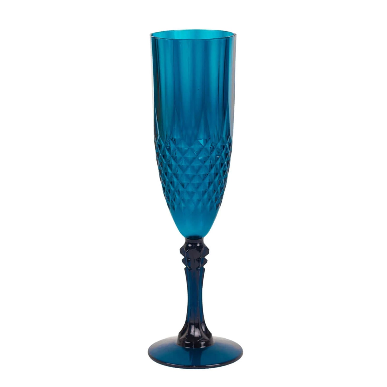 6-Piece Set of Reusable Navy Blue 8oz Plastic Champagne Toast Flutes with Crystal Cut Design
