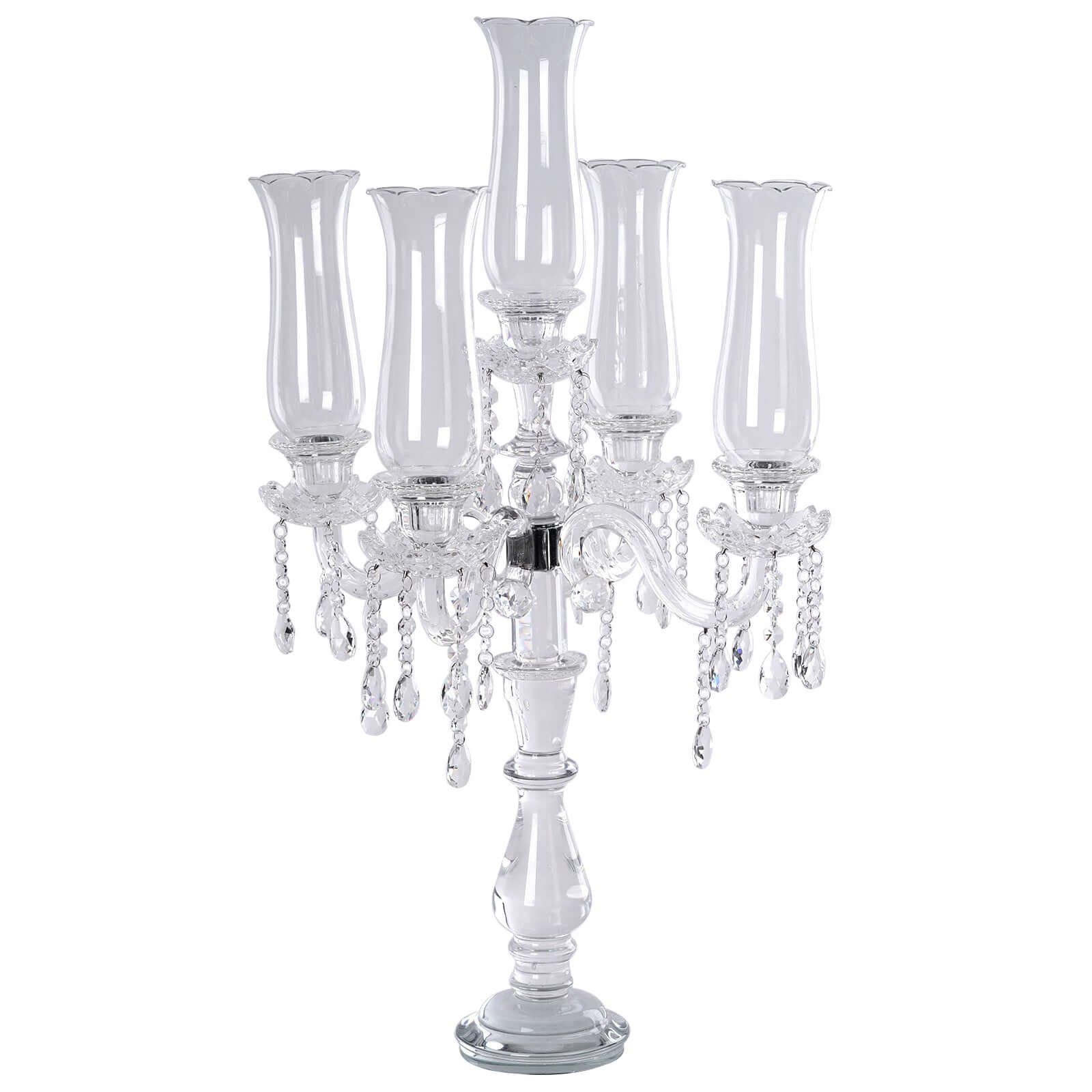 Hot Sale! 5 - Arm Crystal Glass Taper Candelabra, Stylish Table Centerpiece with Chandelier Chains, 32 Inches