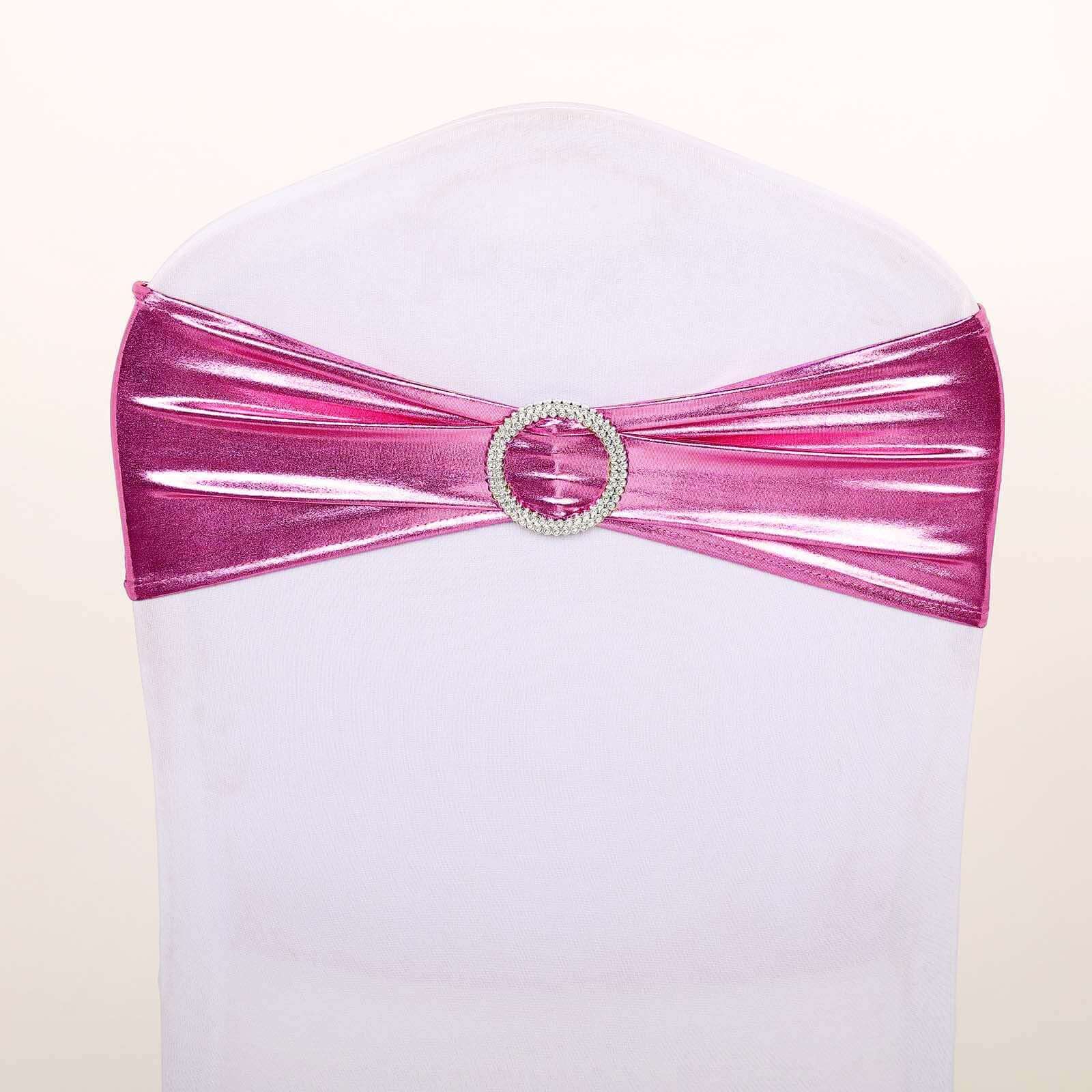 Hot Deal! 5-Piece Set of Fuchsia Metallic Spandex Chair Sashes with Round Diamond Plastic Buckles
