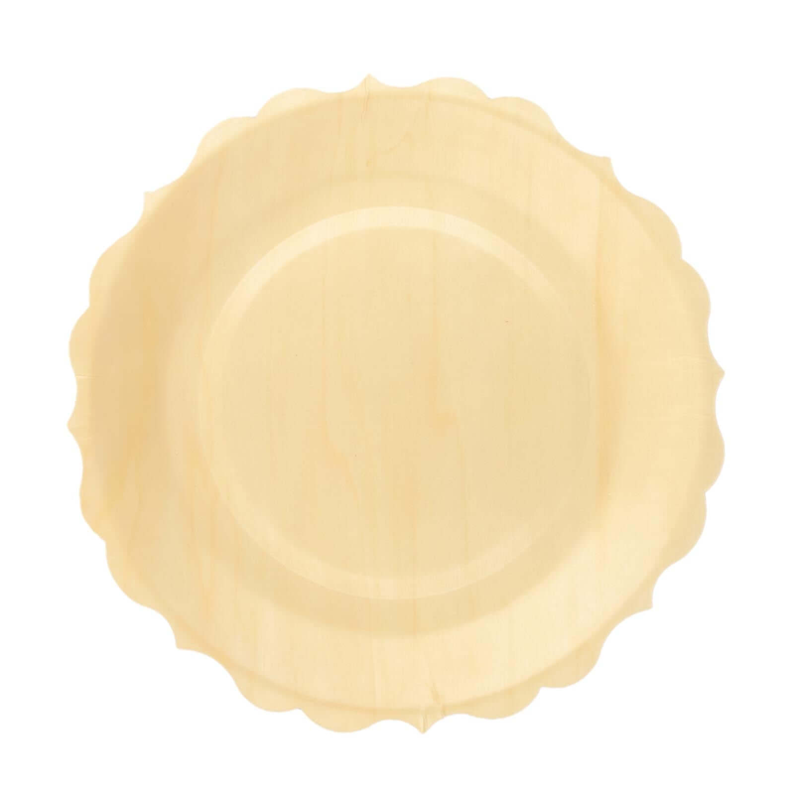 12-Piece Set of Natural Birchwood Round Dinner Plates with Scalloped Rim - Ideal for Farmhouse Events