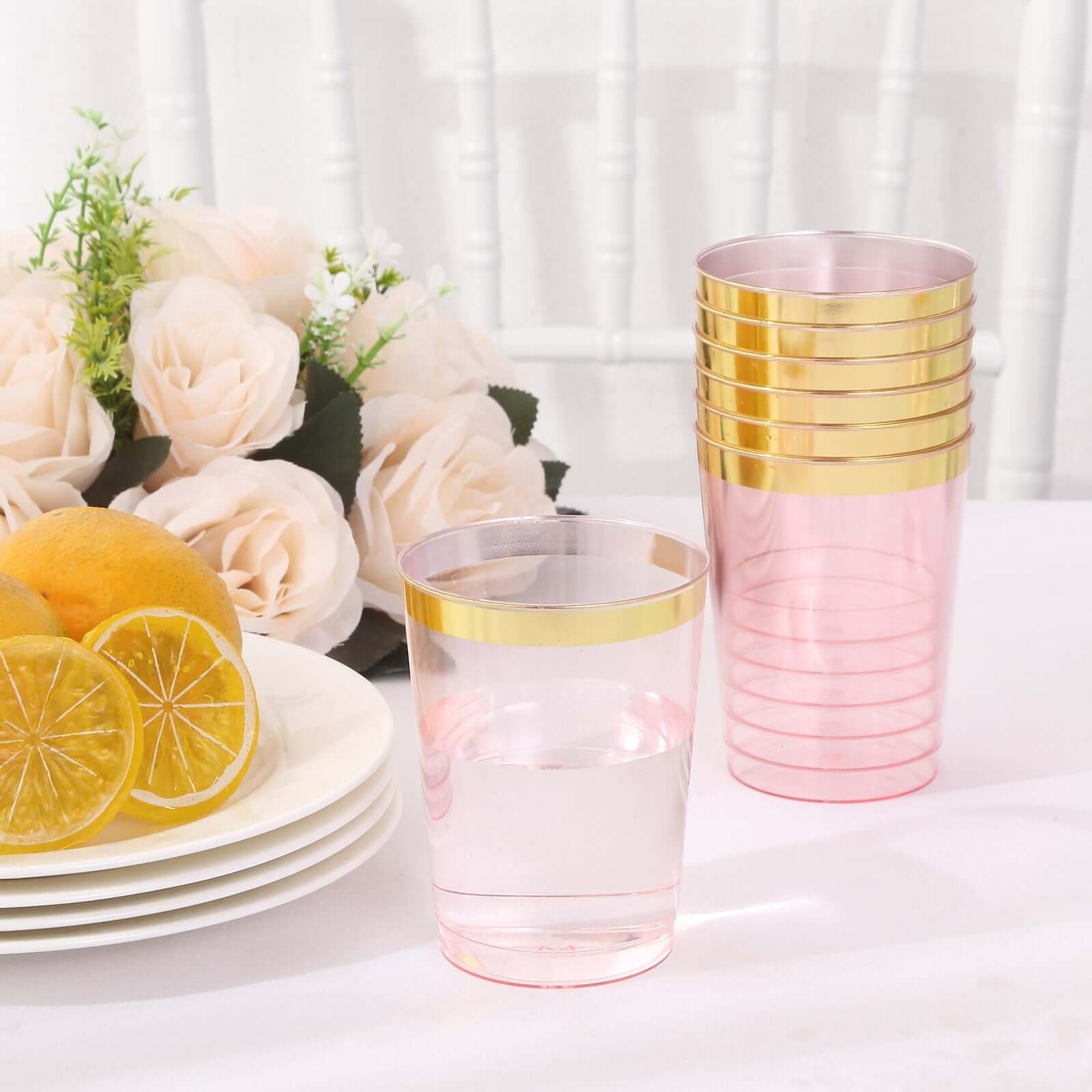 25-Pack 10oz Disposable Plastic Tumbler Cups in Transparent Blush with Stylish Gold Rim