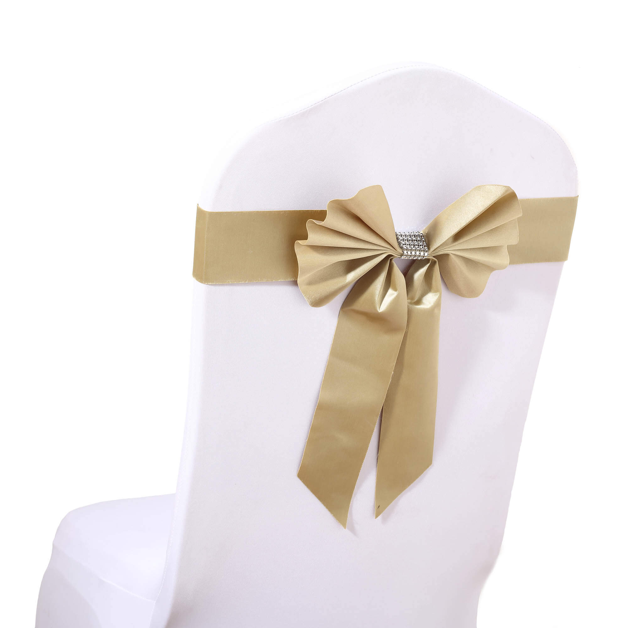 Set of 5 Durable Double-Sided Champagne Satin Faux Leather Chair Sashes with Diamond Rhinestone Buckles