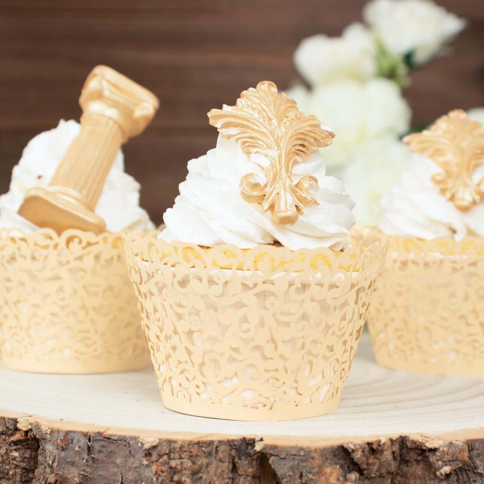 25-Pack Ivory Lace Laser Cut Paper Cupcake Wrappers - Ideal for Event Baking