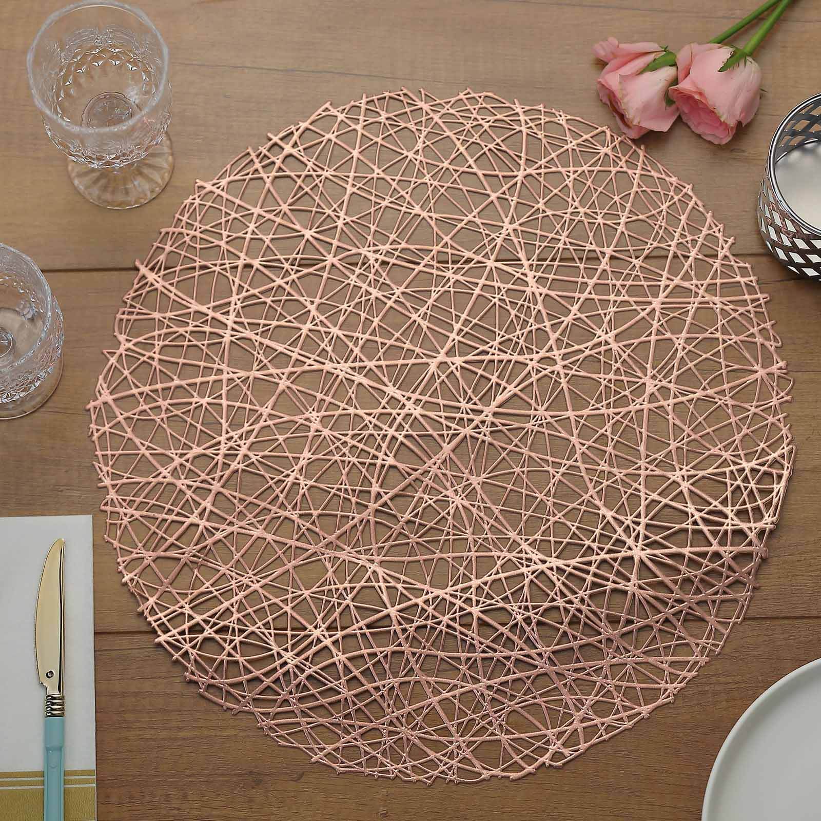 Hot Sale! 6-Piece Set of Durable Rose Gold Vinyl Round Dining Table Placemats with Woven Design