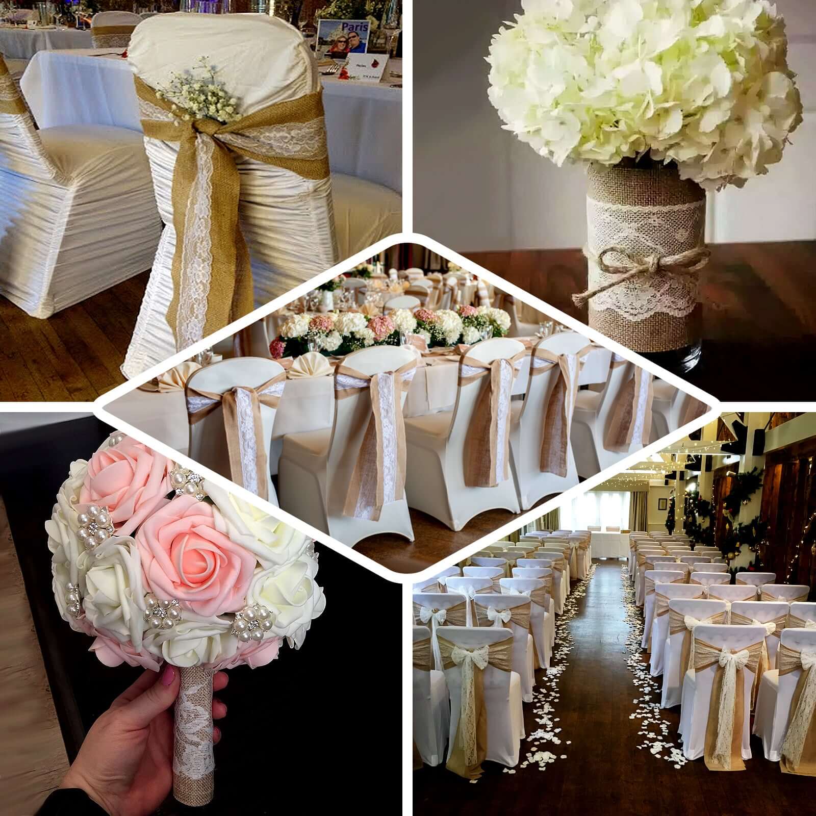 Hot Sale! Natural Burlap & Lace Chair Sash for Weddings & Gatherings