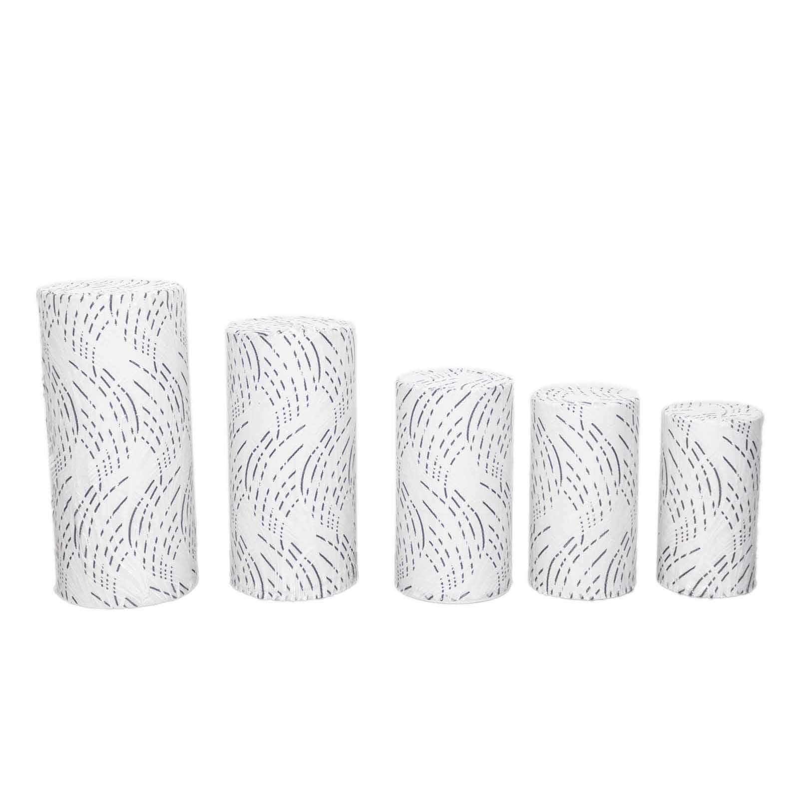 Hot Sale! Set of 5 Embroidered Sequin White Wave Mesh Cylinder Pedestal Stand Covers