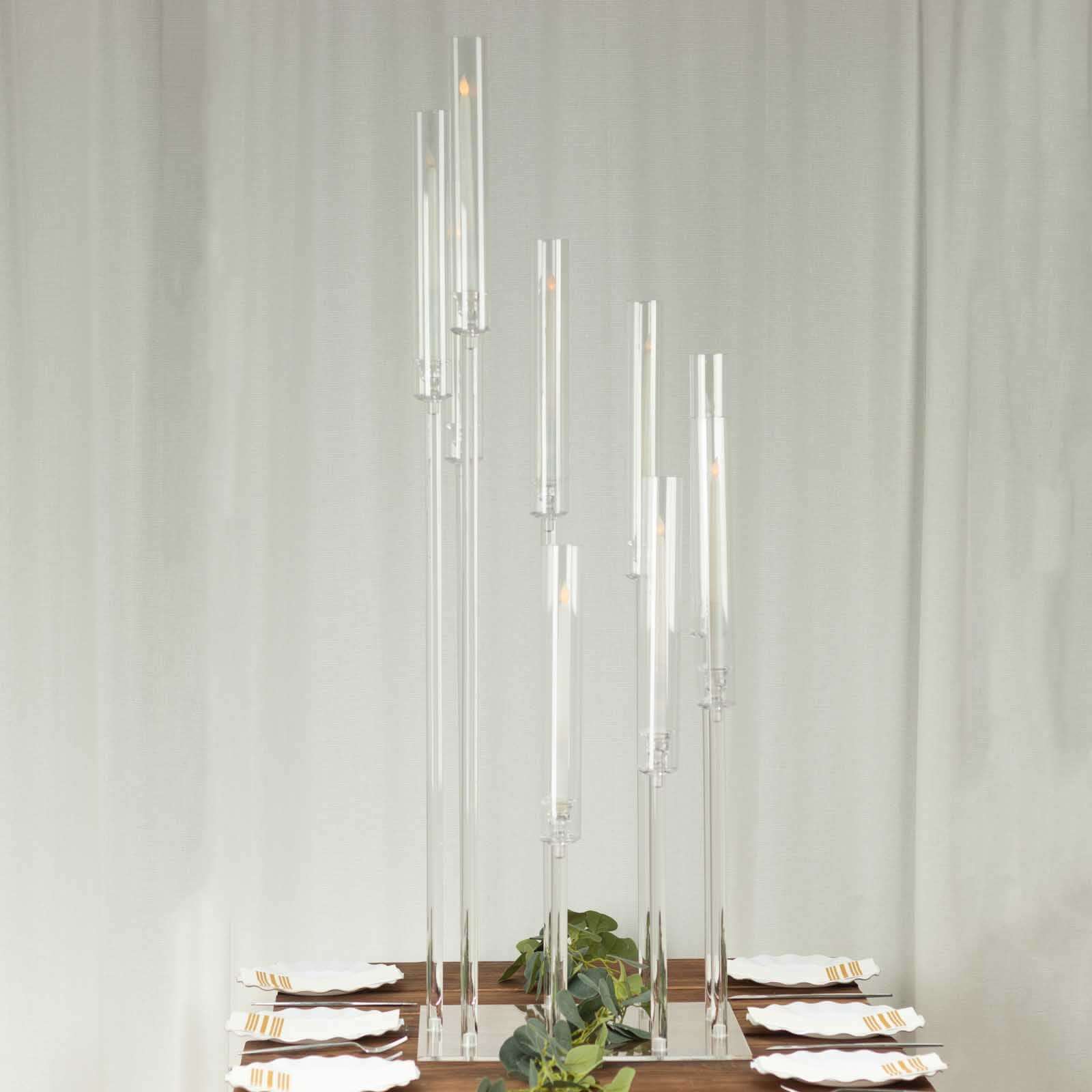 4ft Clear 9-Arm Cluster Acrylic Candelabra with Square Base - Elegant Table Centerpiece for Pillar Candles
