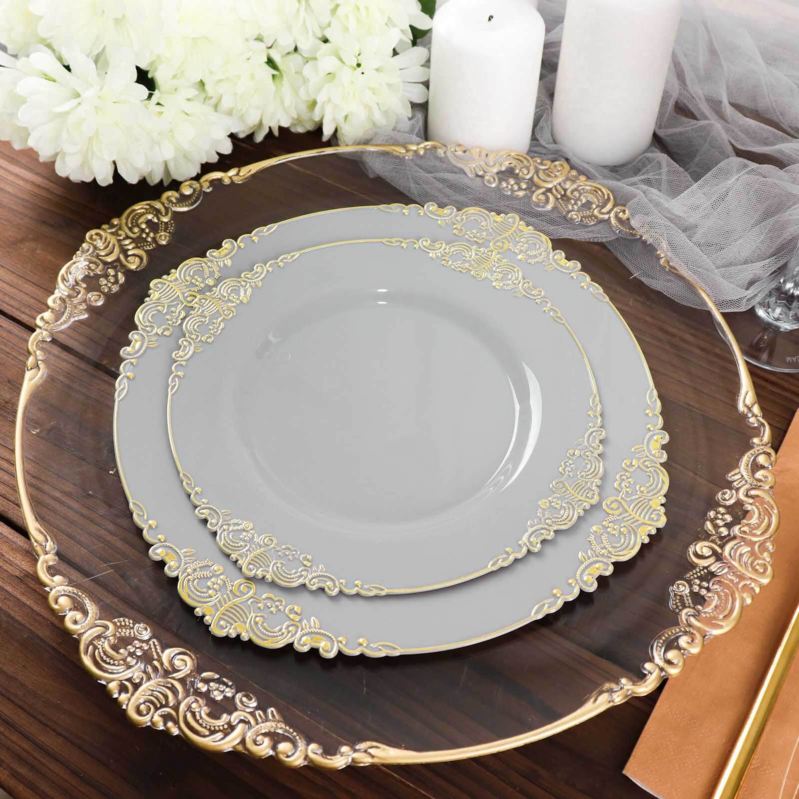 10-Piece Disposable Gray Plastic Round Dinner Plates with Gold Leaf Embossed Rim in Vintage Baroque Style