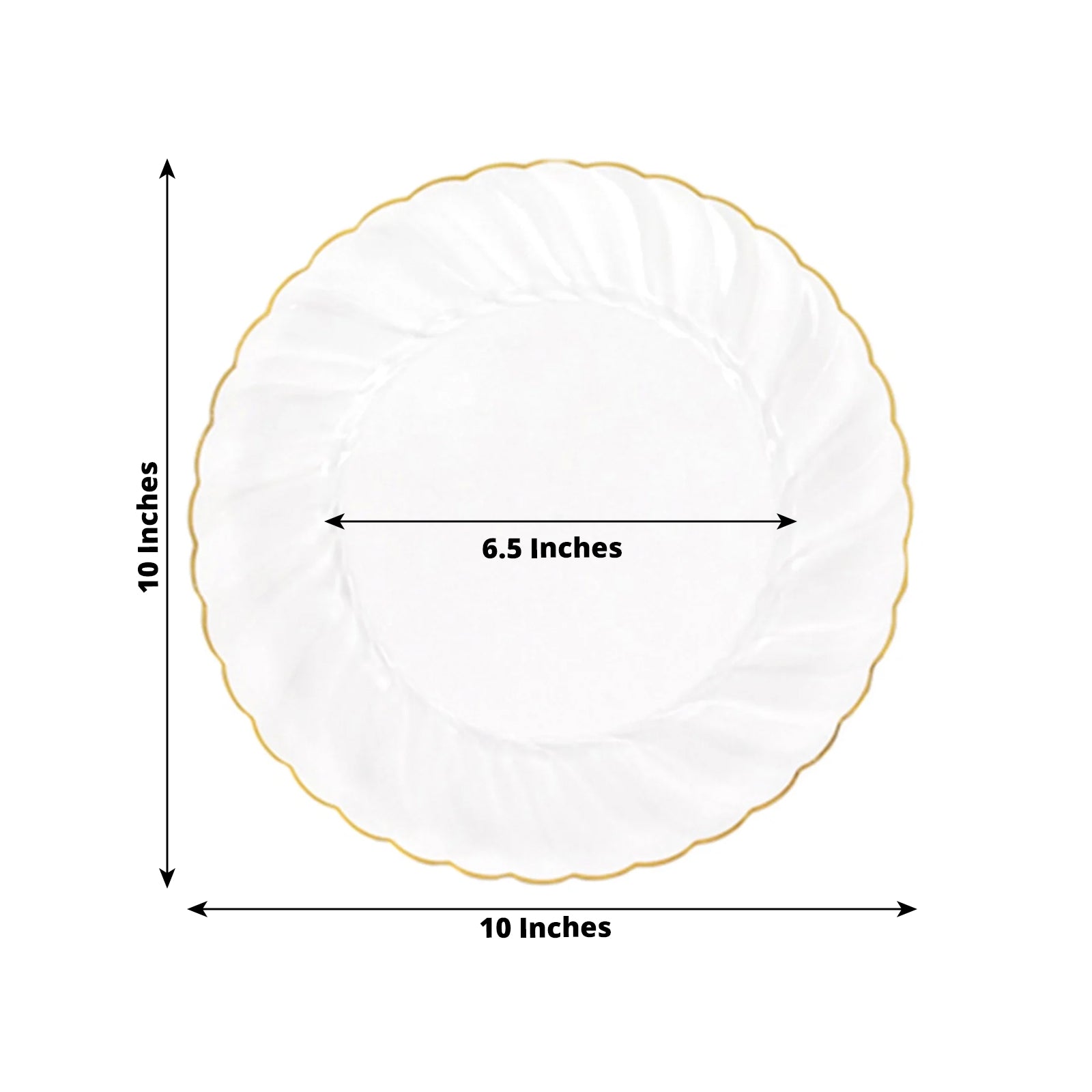 10-Piece Set of Clear Plastic Round Dinner Plates with Gold Flair Rim for Special Events