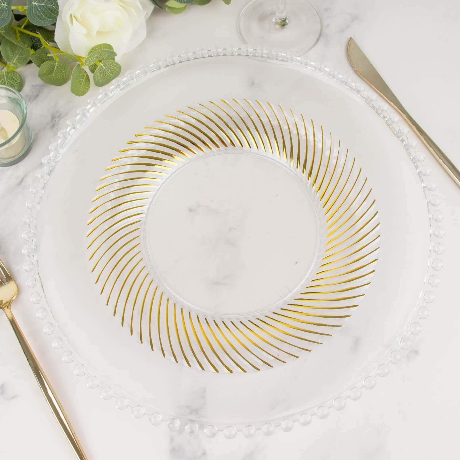10-Pack Clear Plastic Round Dinner Plates with Gold Swirl Rim - Ideal Disposable Plates for Elegant Parties