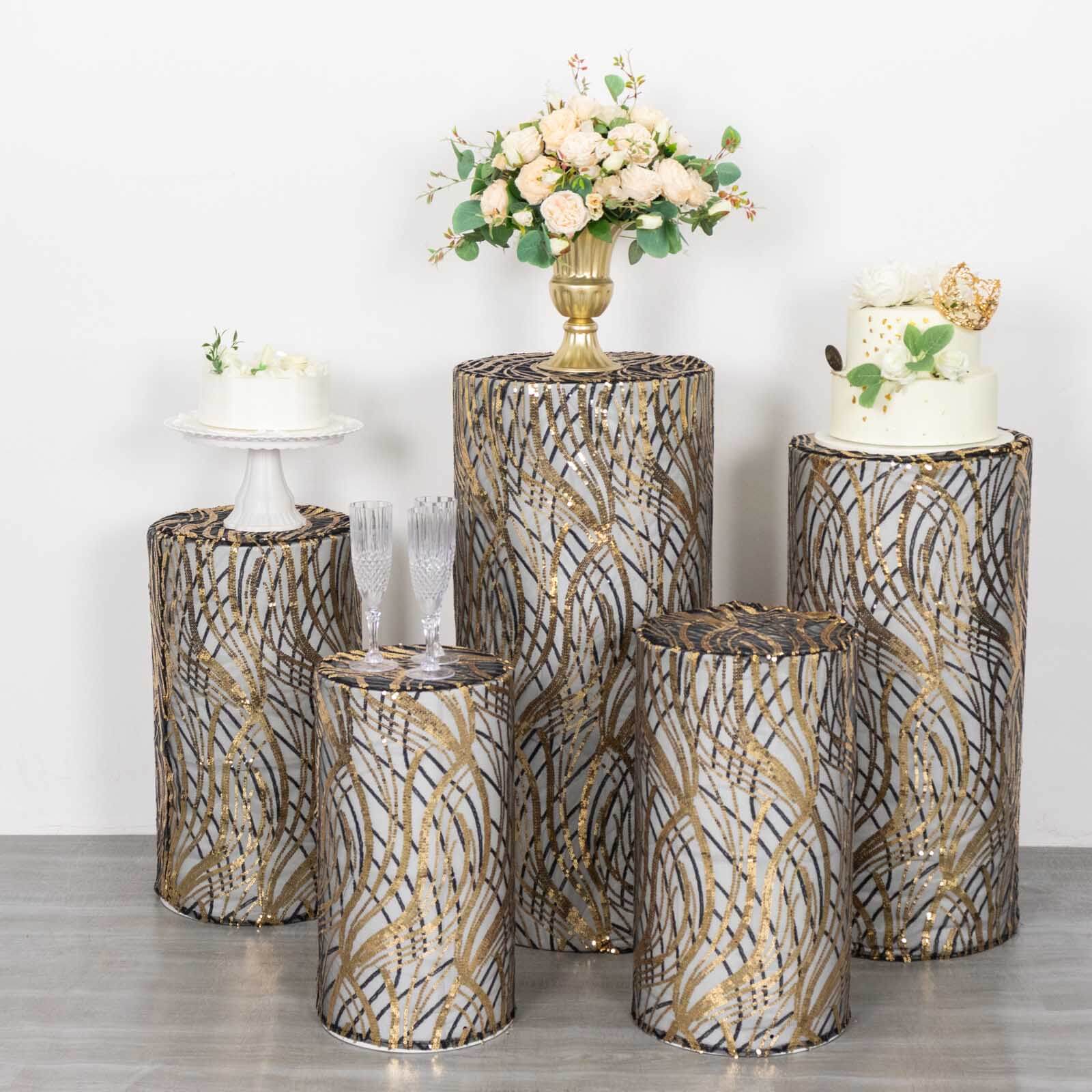 Hot! Set of 5 Embroidered Sequin Black Wave Mesh Cylinder Pedestal Stand Covers